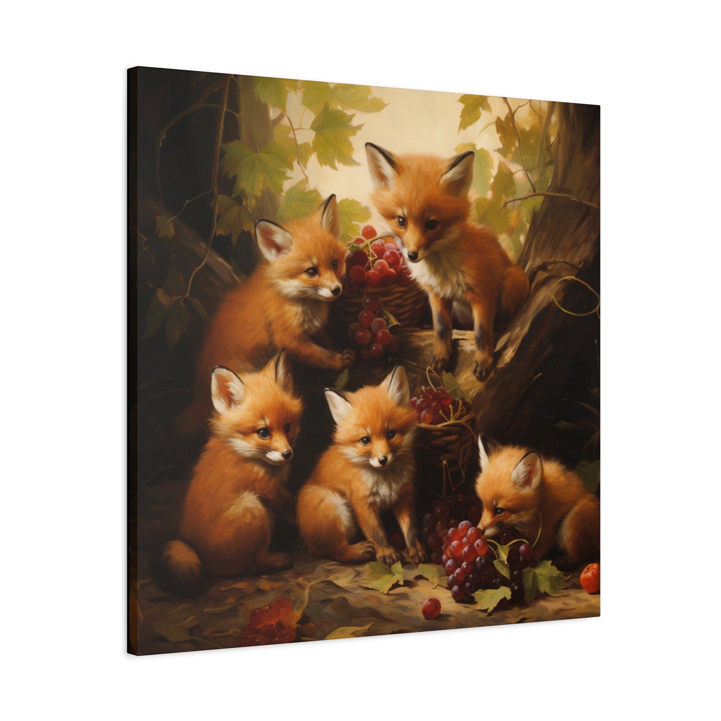 Fox Family with Red Grapes Wall Canvas