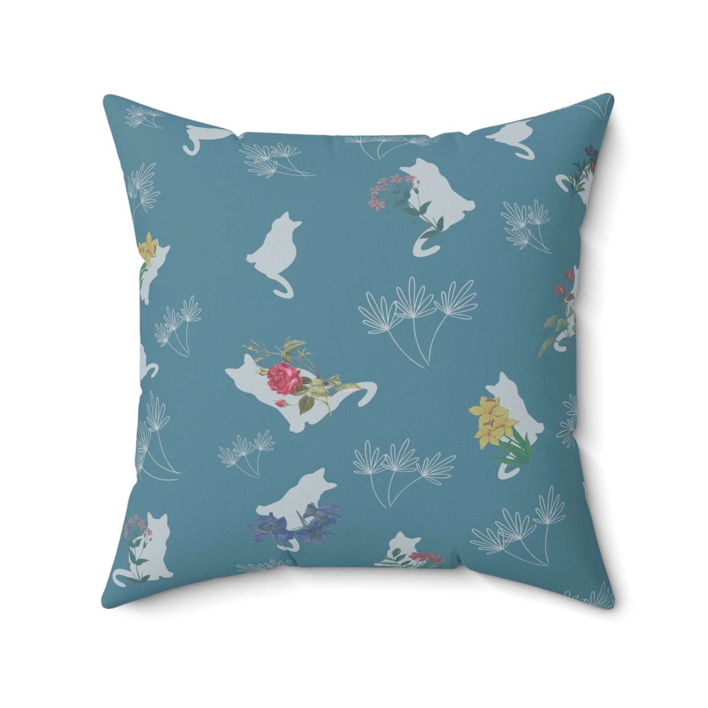 Cat and Flowers/Leafy Whimsy Throw Pillow – Light Blue