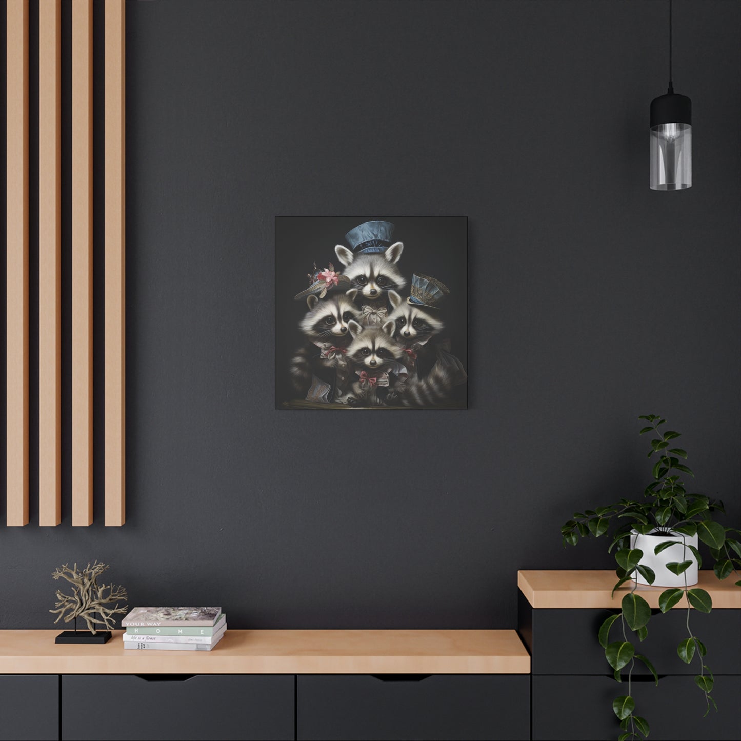 Raccoon Family in Blue Hats Wall Canvas