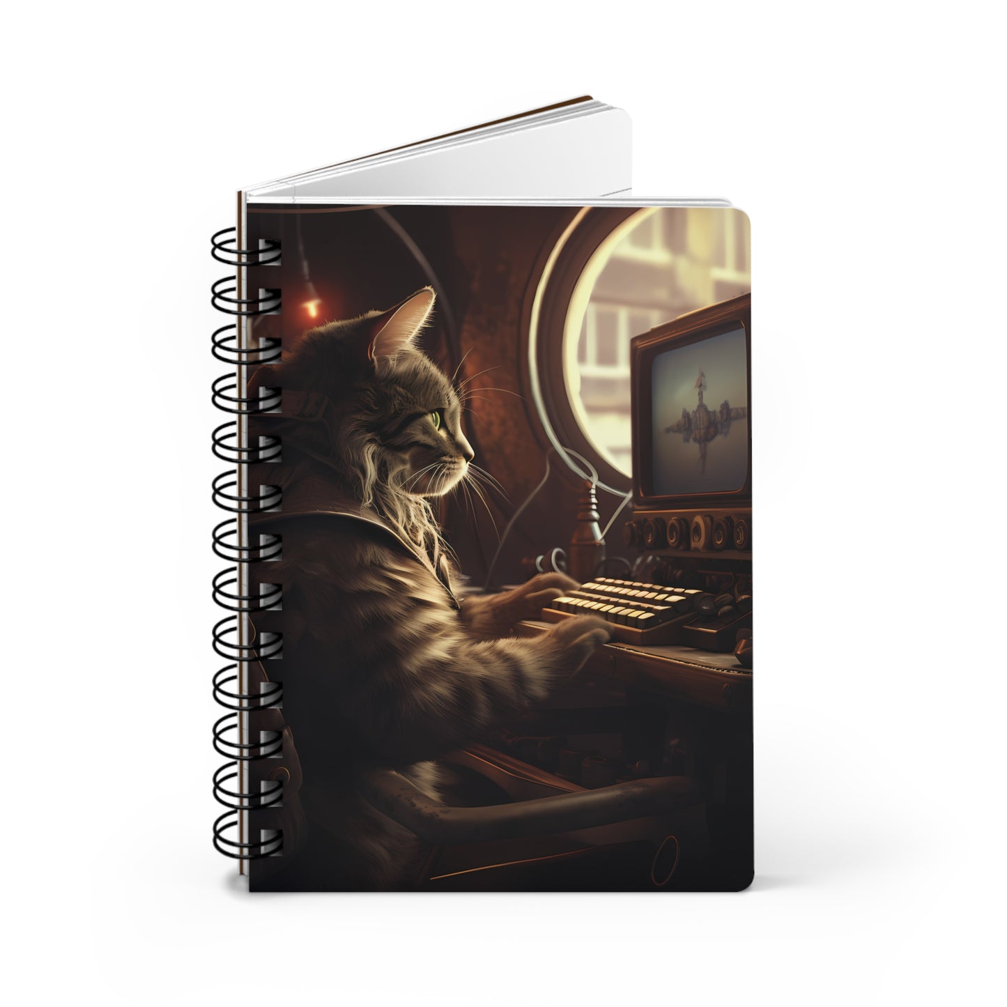 DieselPunk Cat at Computer Spiral Notebook