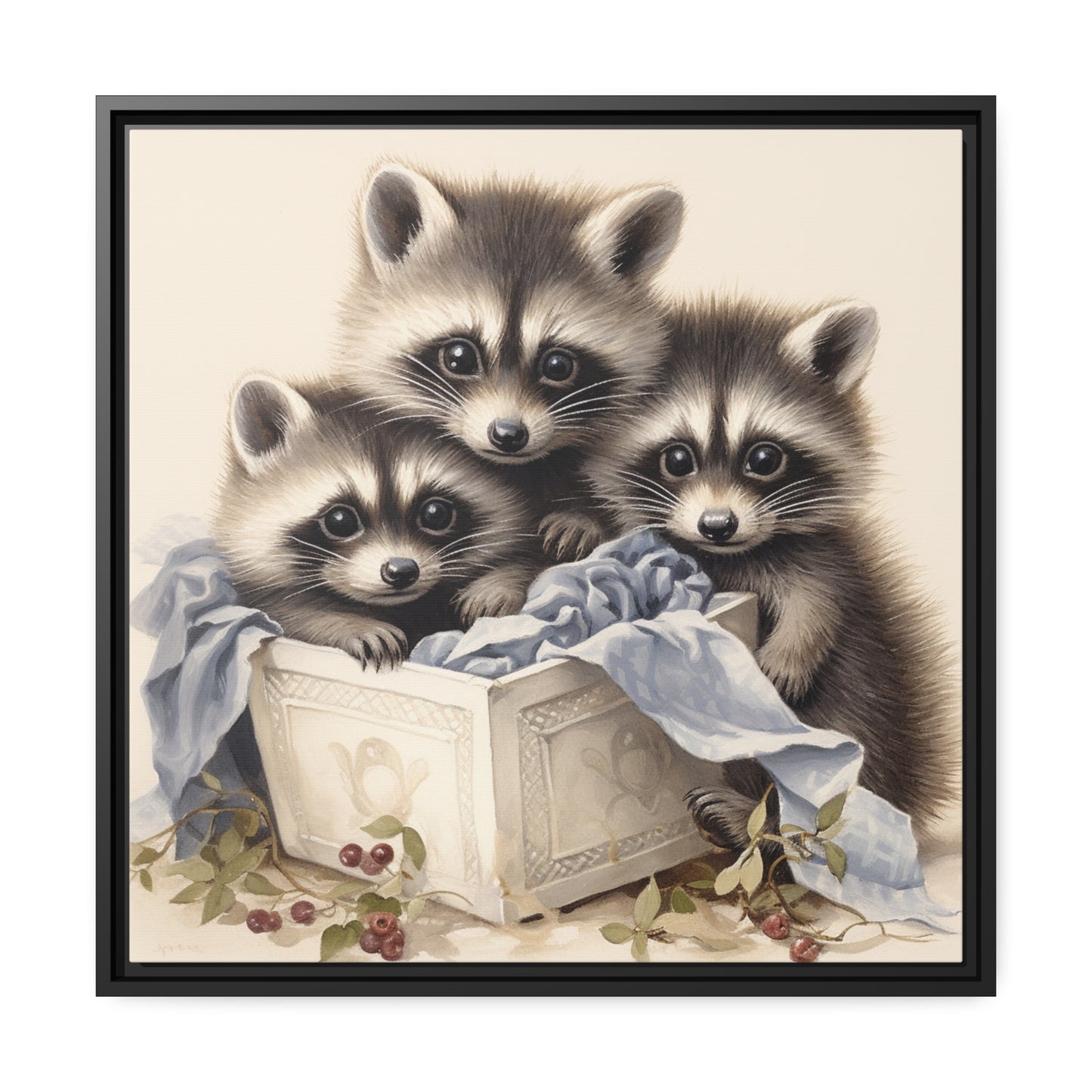 Raccoon Family with Blue Blanket Framed Wall Canvas