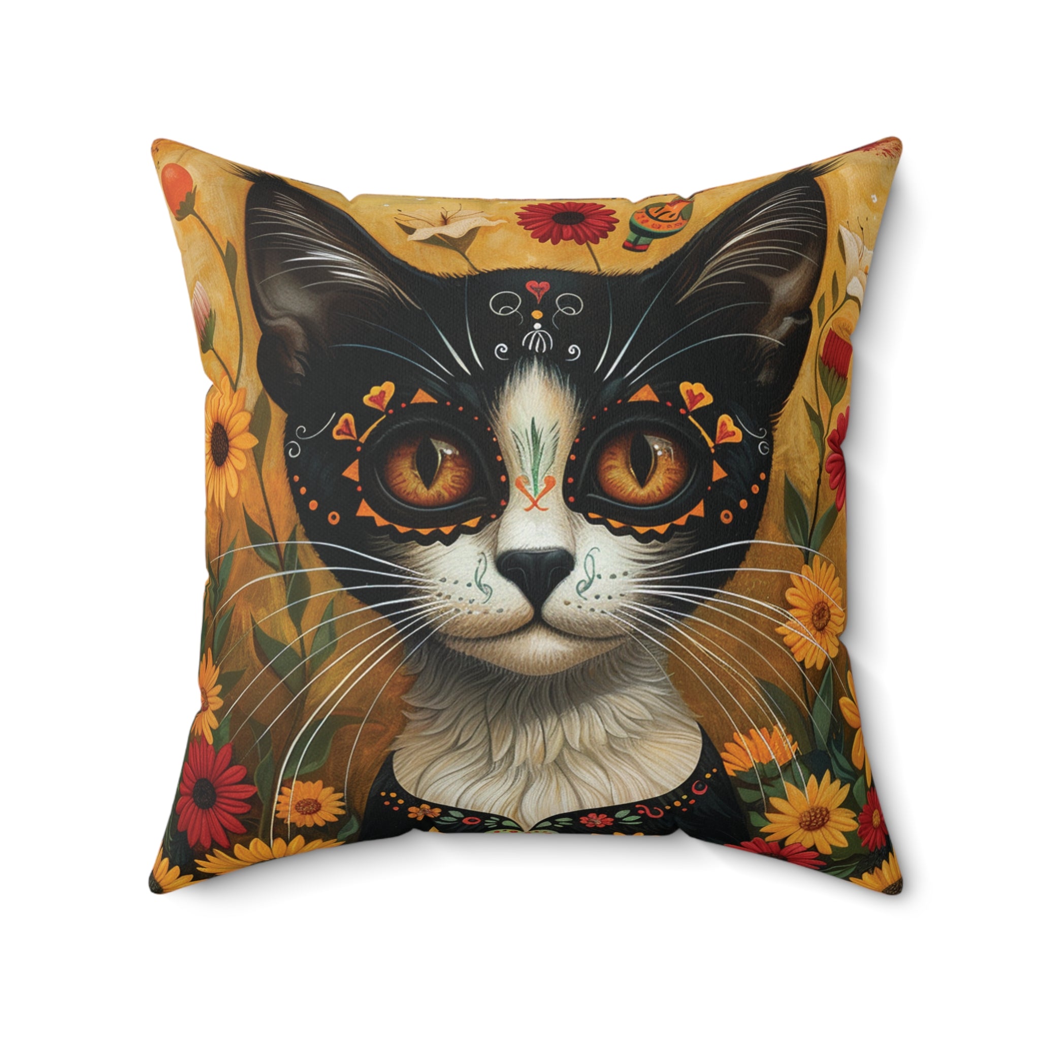 Cat on Yellow - Day of the Dead - Throw Pillow