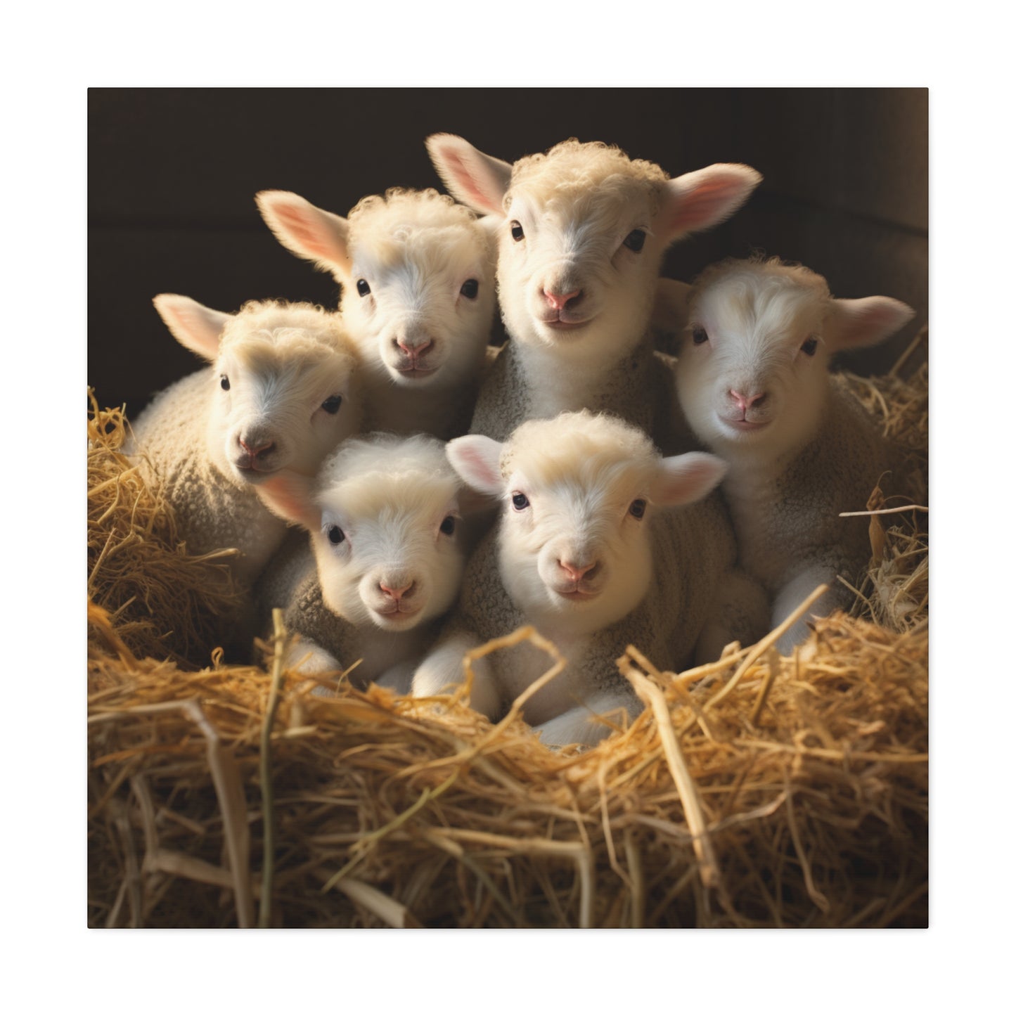 Lamb Family in Straw Wall Canvas