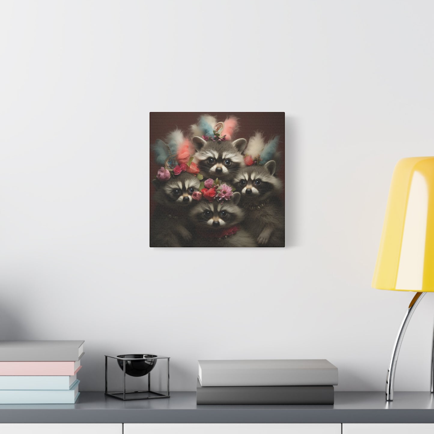 Raccoon Family with Colorful Plumes Wall Canvas