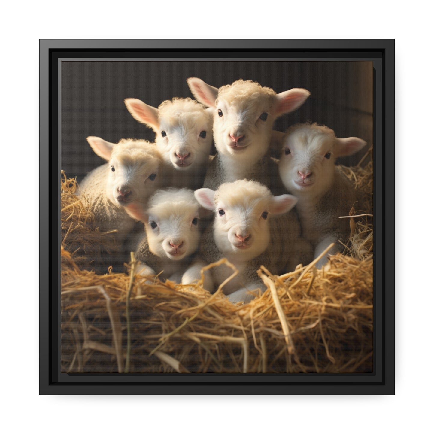 Lamb Family in Straw Framed Wall Canvas