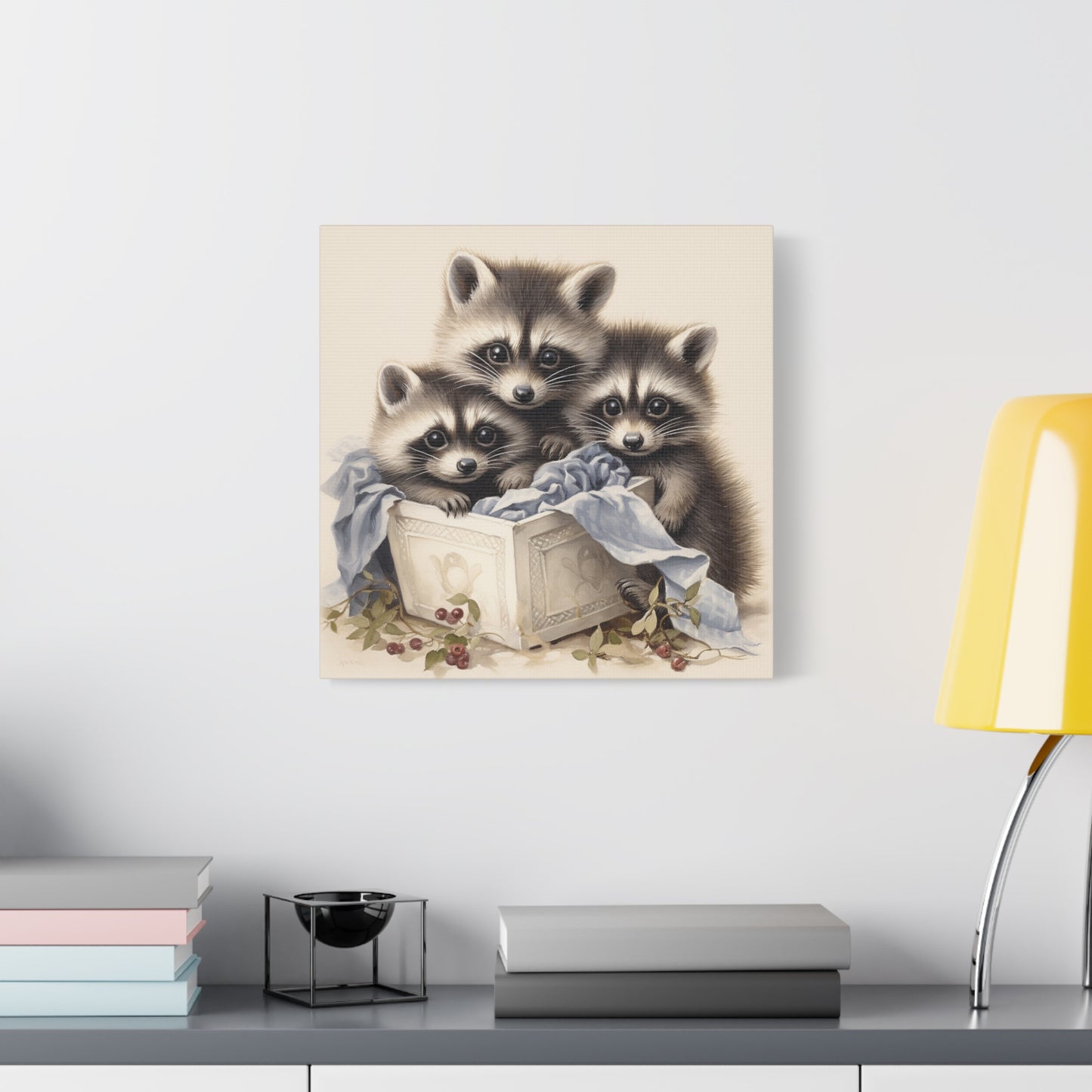 Raccoon Family with Blue Blanket Wall Canvas