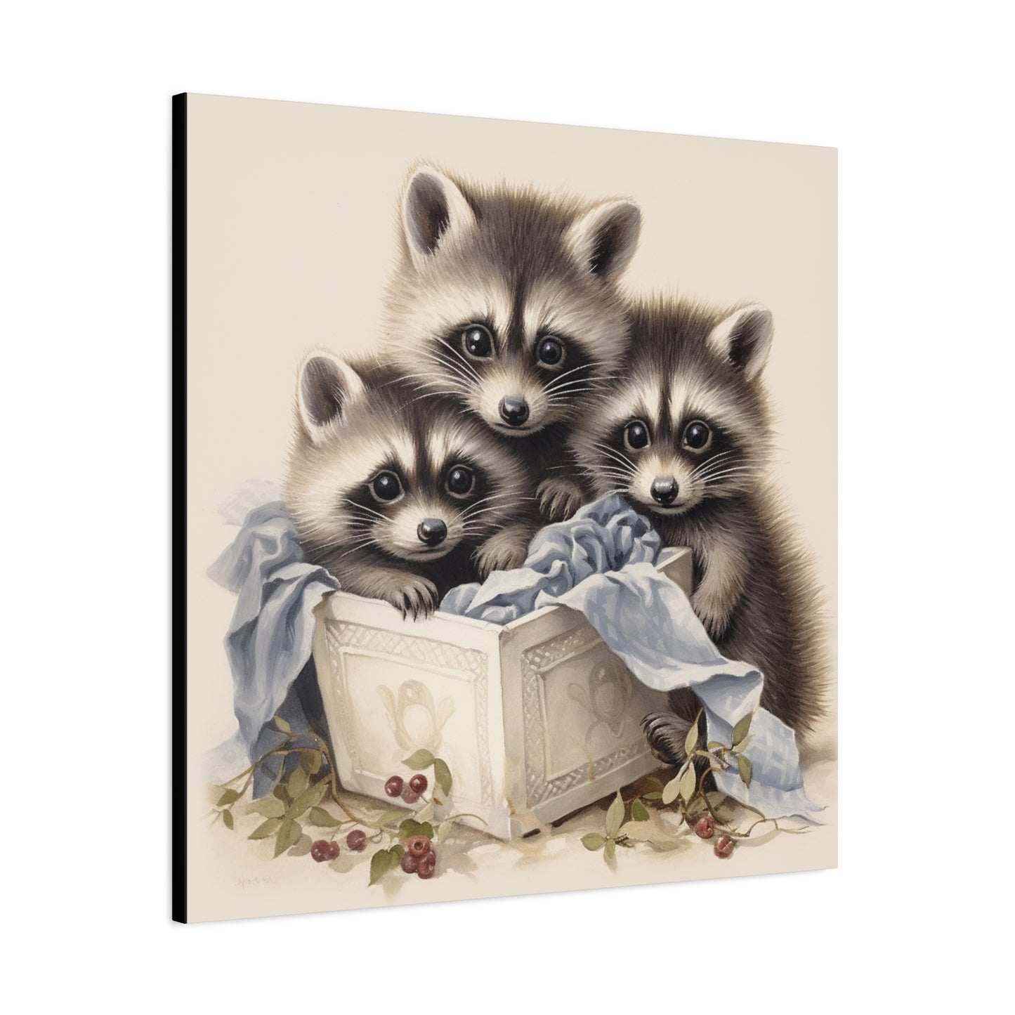 Raccoon Family with Blue Blanket Wall Canvas