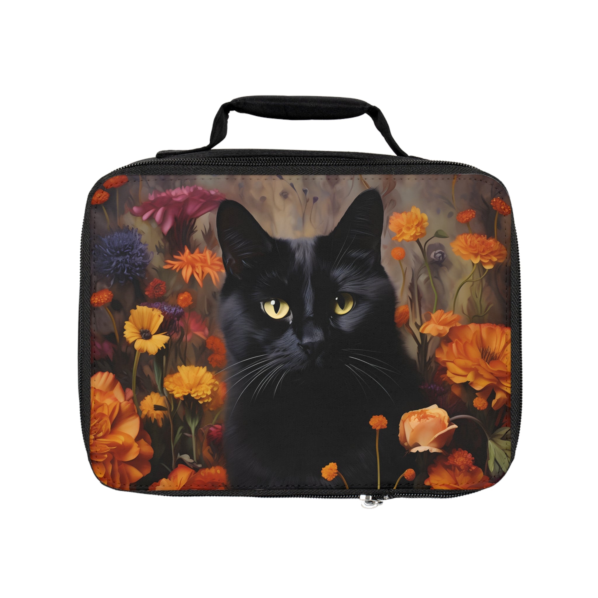 Black Cat in Orange Flowers Lunch Bag