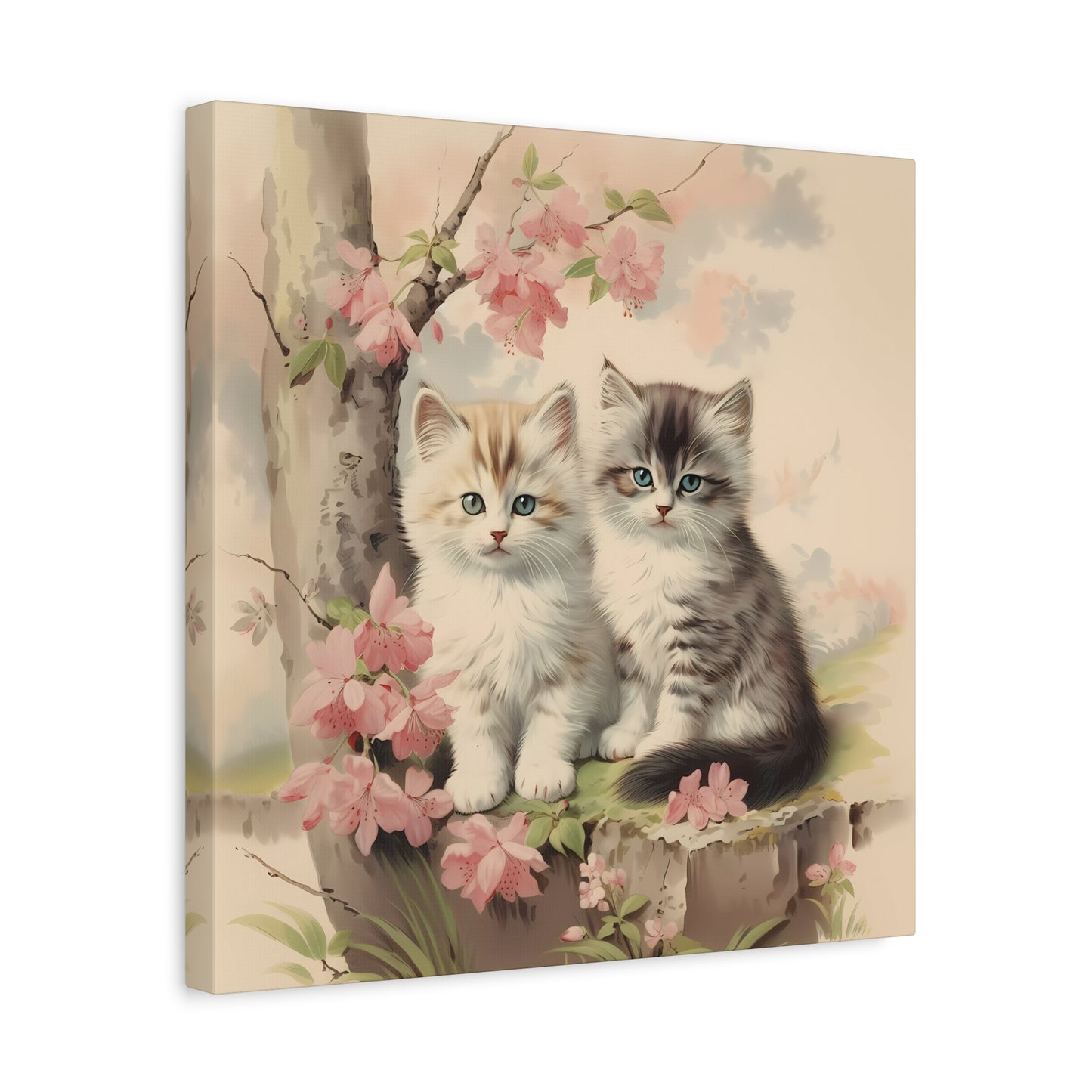 Kittens Under Pink Flowering Tree Wall Canvas