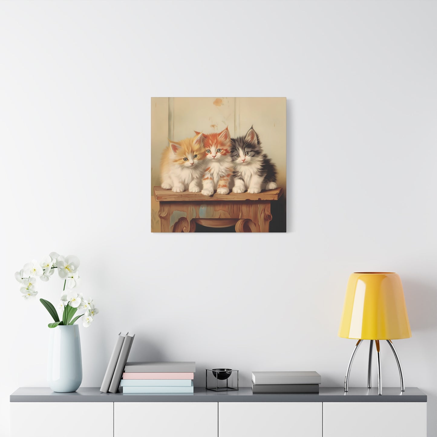 Three Kittens on Painted Table Wall Canvas