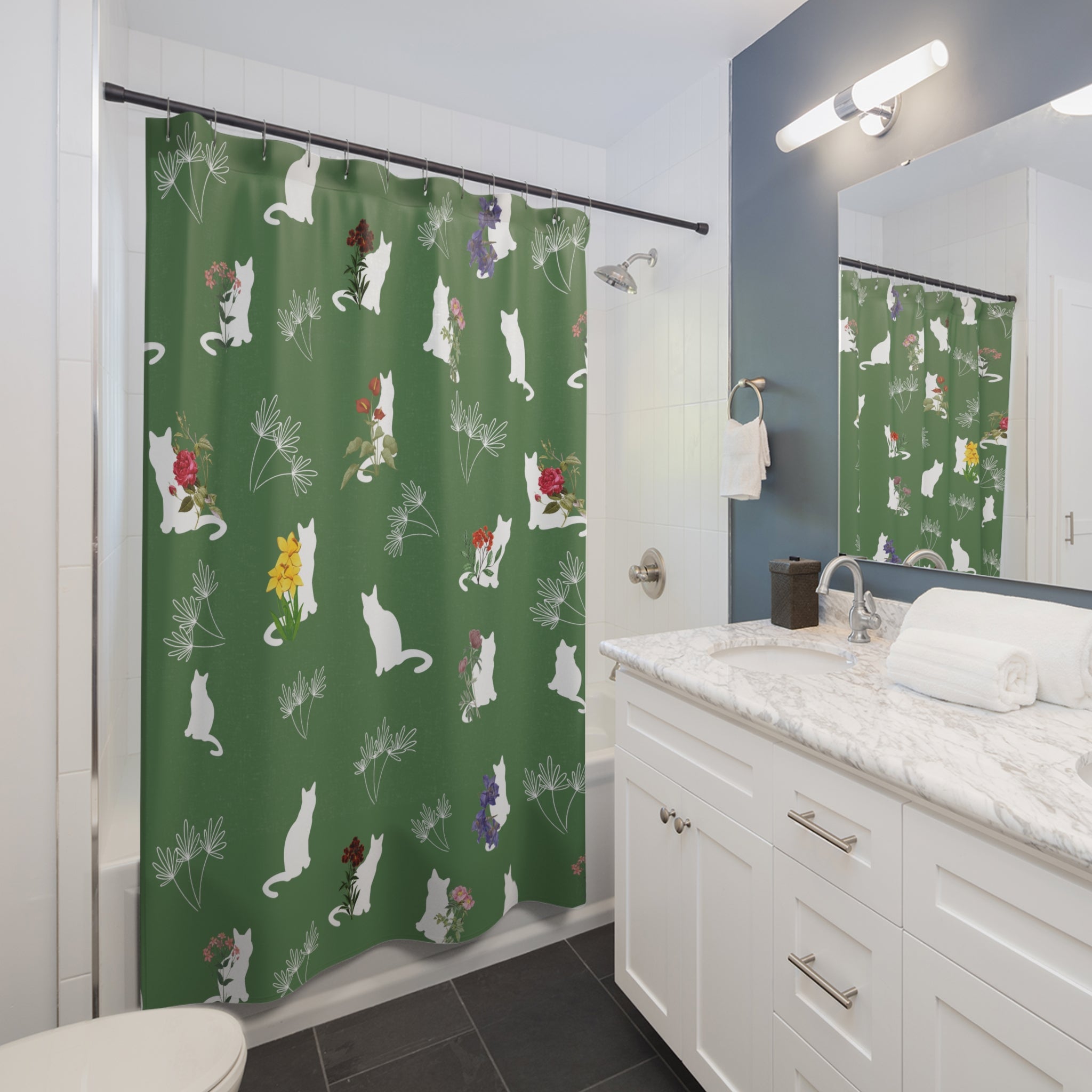 Cat and Flower/Leafy Whimsy Shower Curtain – Green