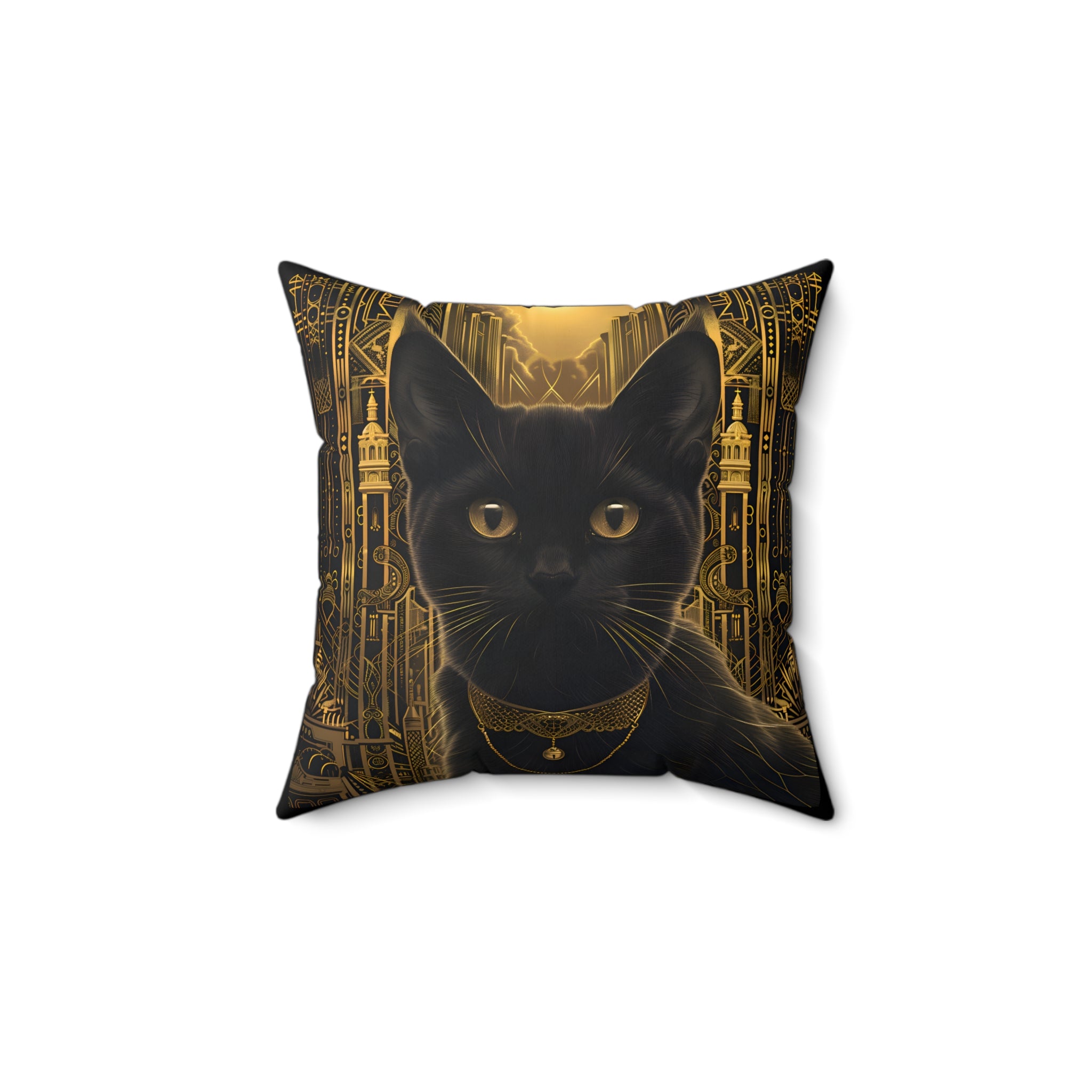 Black Cat with Golden Bell Art Deco - Throw Pillow