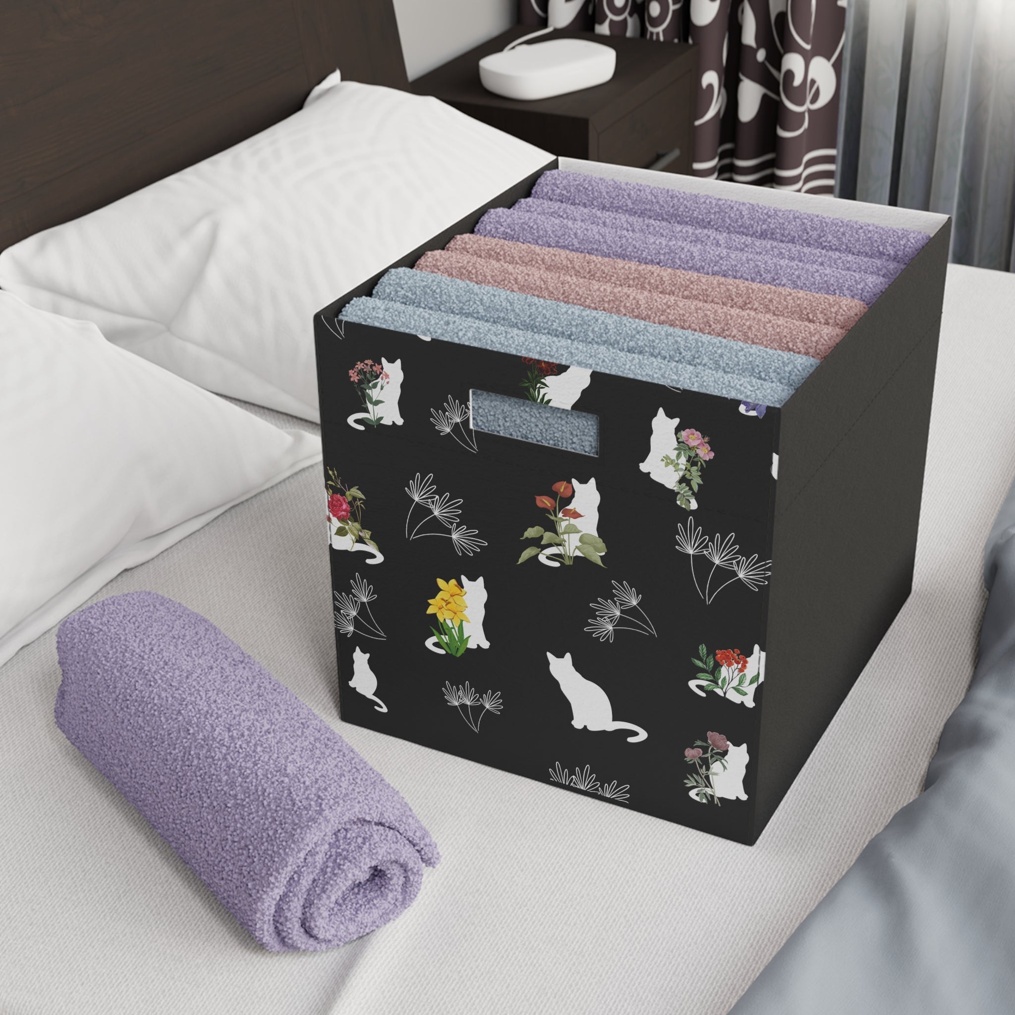 Cat and Flowers/Leafy Whimsy Storage Cube – Black