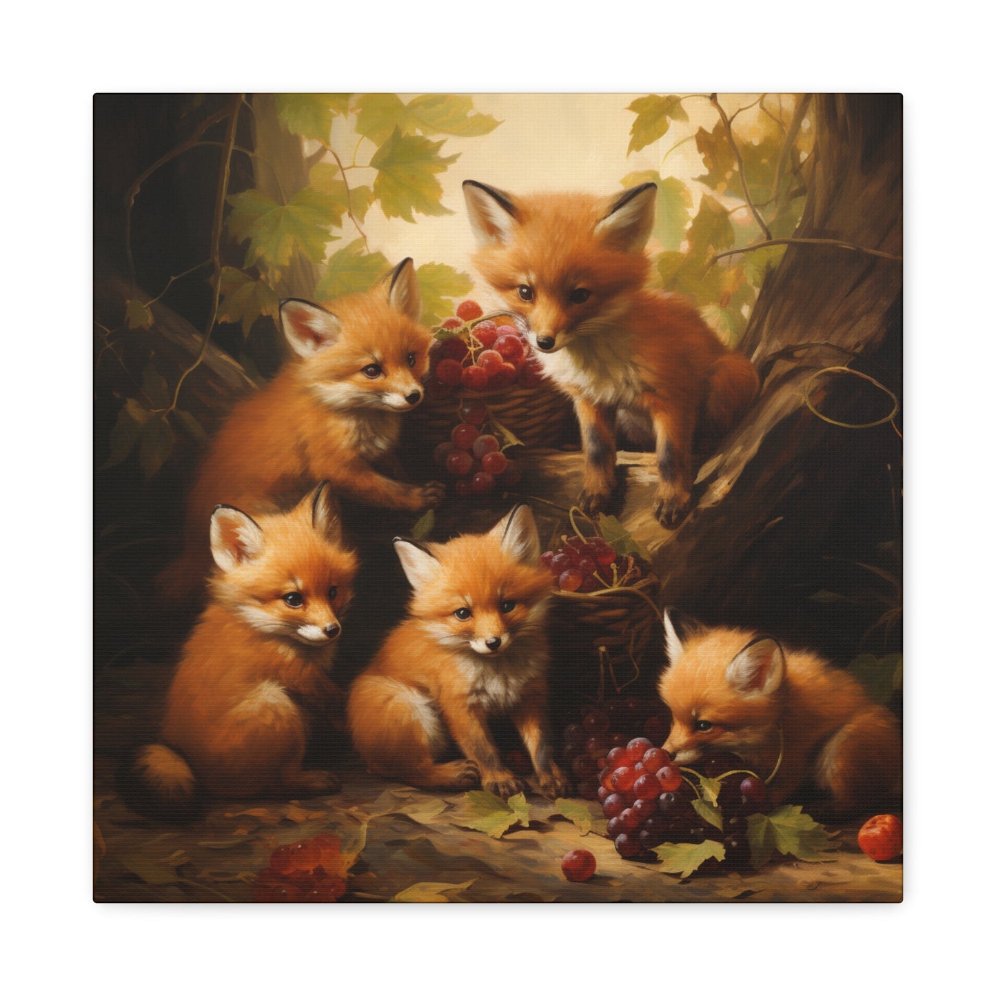 Fox Family with Red Grapes Wall Canvas