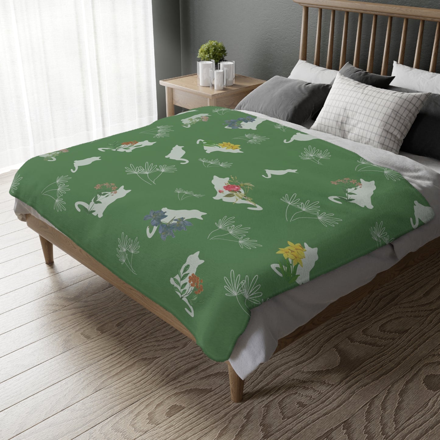 Cats and Flowers/Leafy Whimsy Blanket - Green