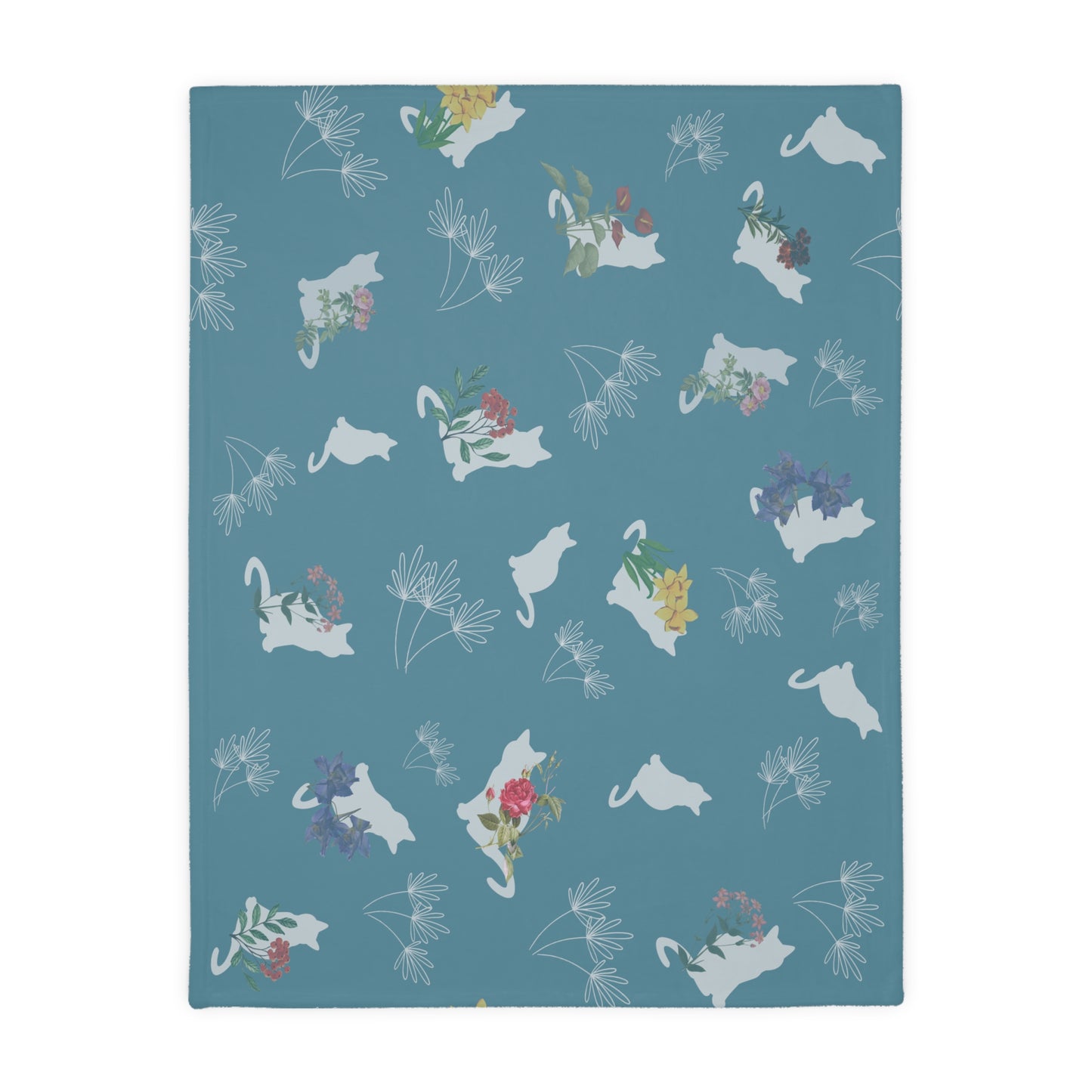 Cats and Flowers/Leafy Whimsy Blanket – Light Blue