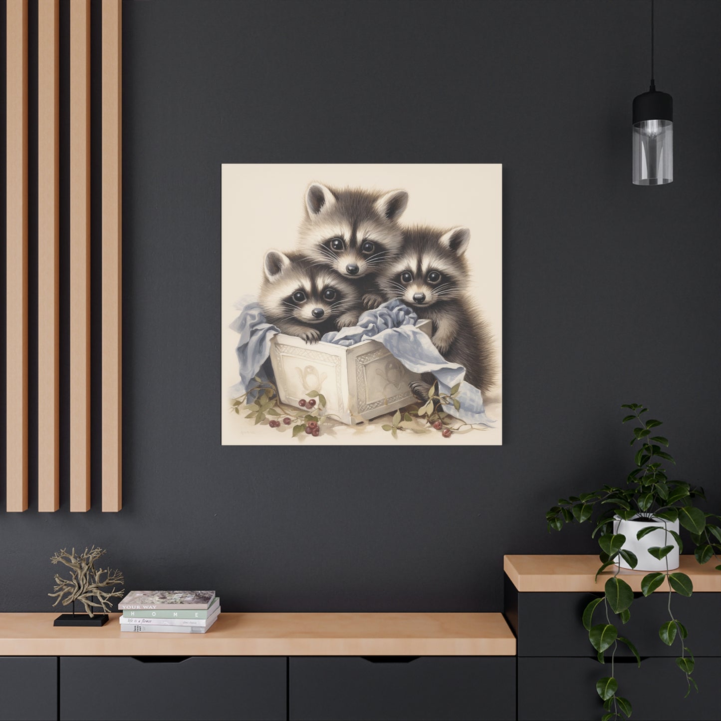 Raccoon Family with Blue Blanket Wall Canvas