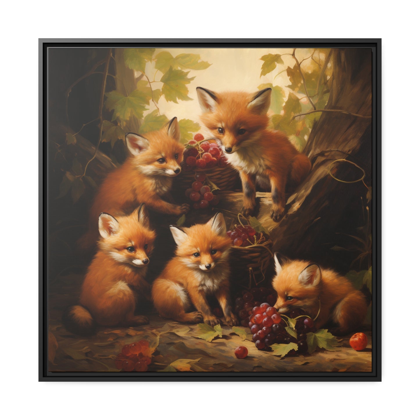 Fox Family with Red Grapes Framed Wall Canvas