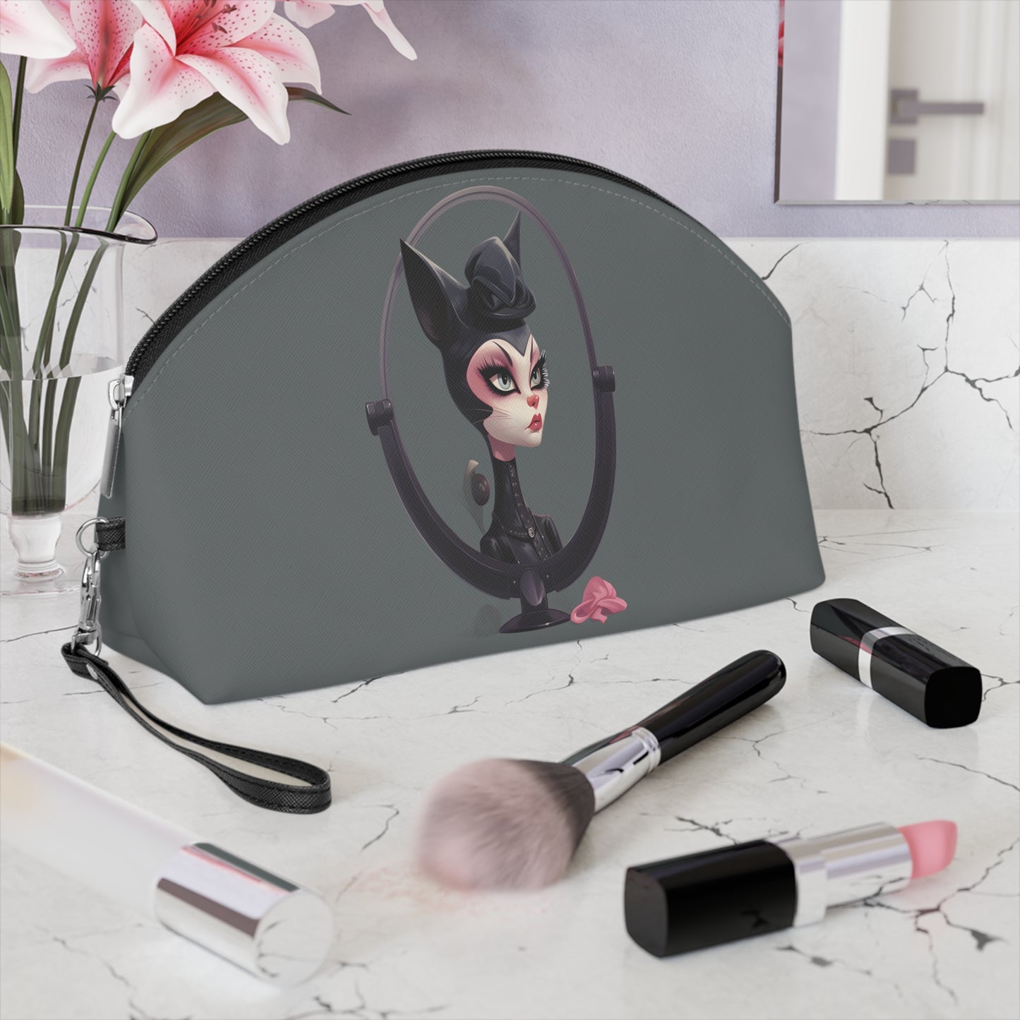 Sophisticated Cat Makeup Bag – Lady Cat in Black on grey