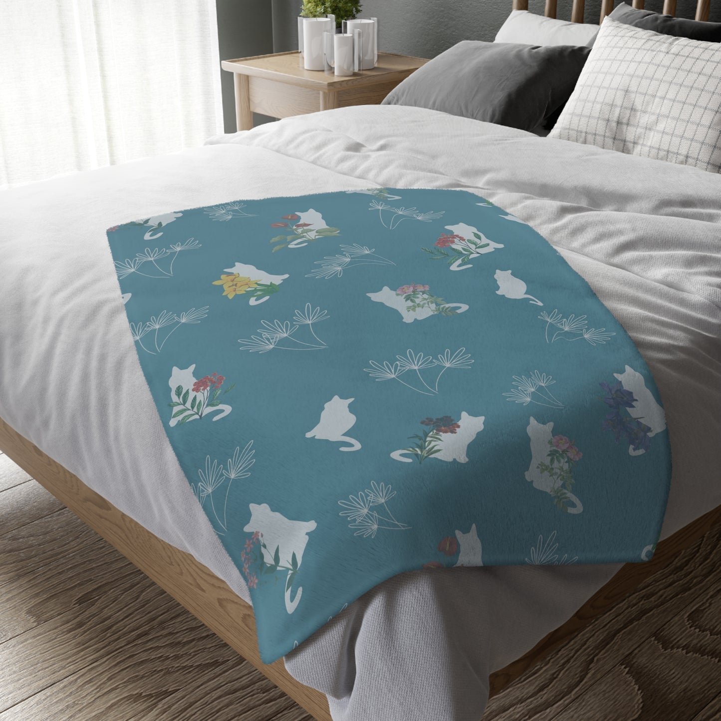 Cats and Flowers/Leafy Whimsy Blanket – Light Blue