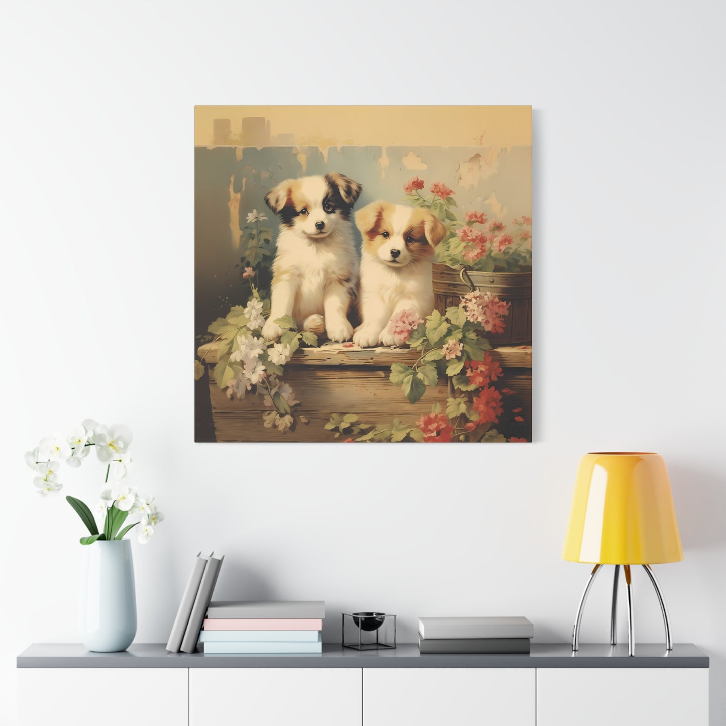 Puppies on Potting Table Wall Canvas