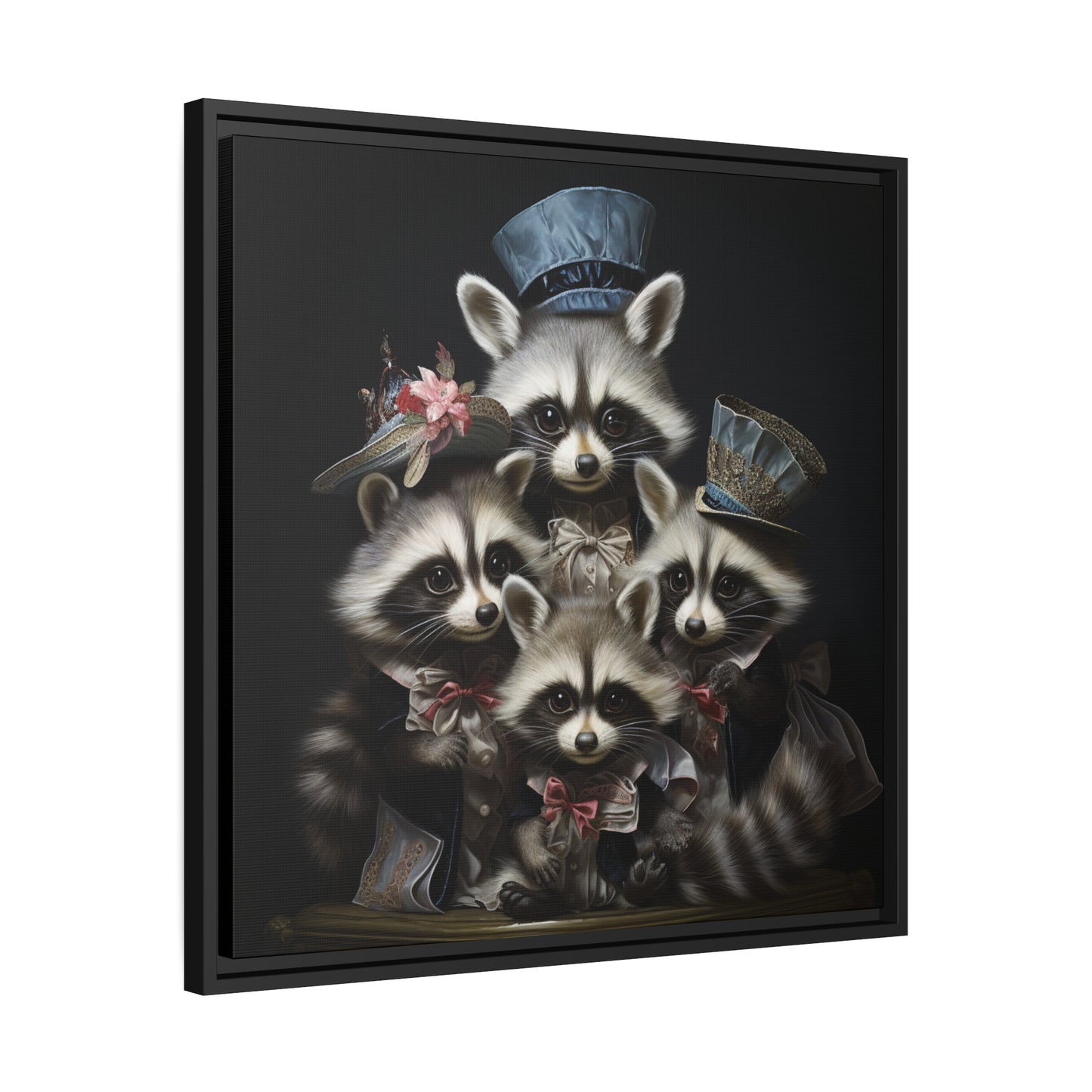 Raccoon Family in Blue Hats Framed Wall Canvas