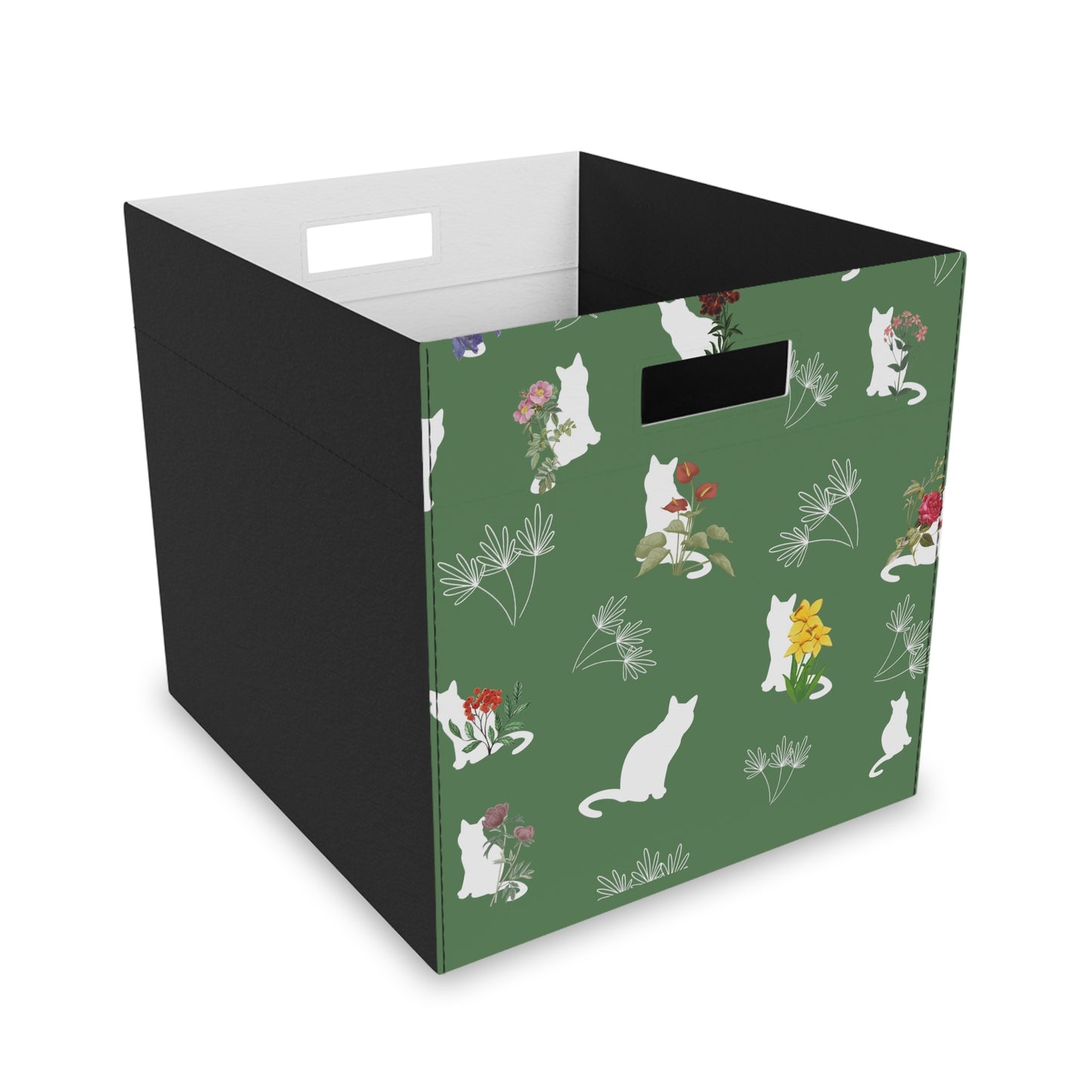 Cat and Flowers/Leafy Whimsy Storage Cube – Green