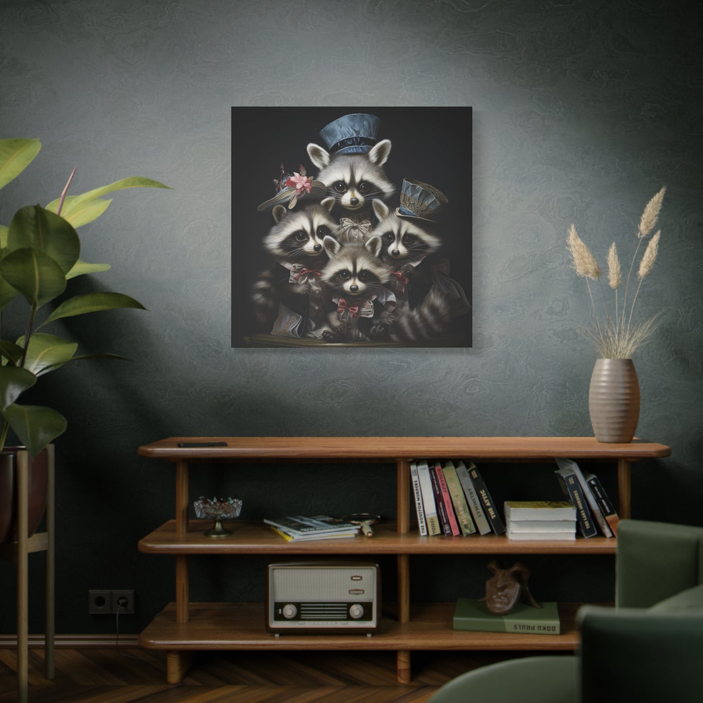 Raccoon Family in Blue Hats Wall Canvas