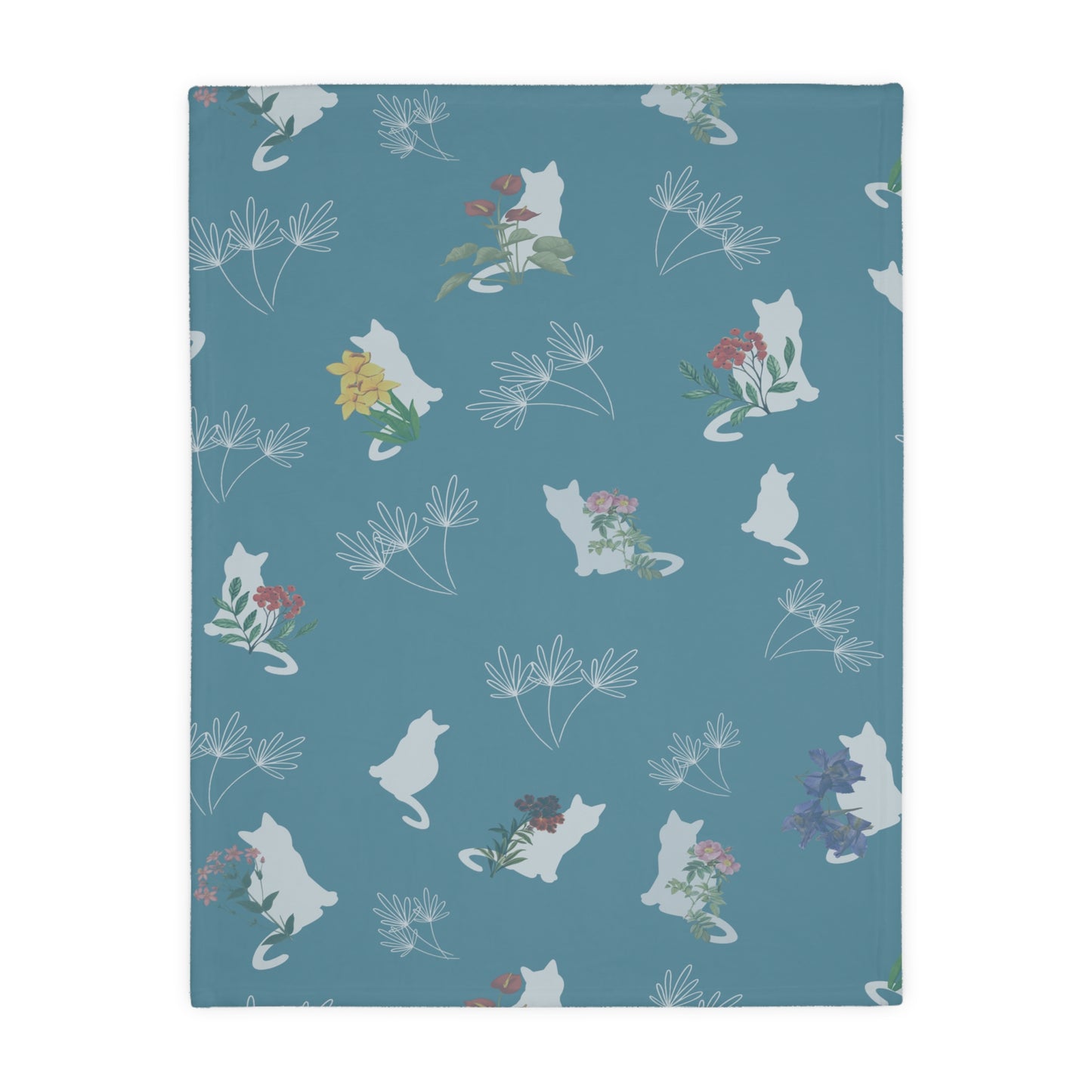 Cats and Flowers/Leafy Whimsy Blanket – Light Blue