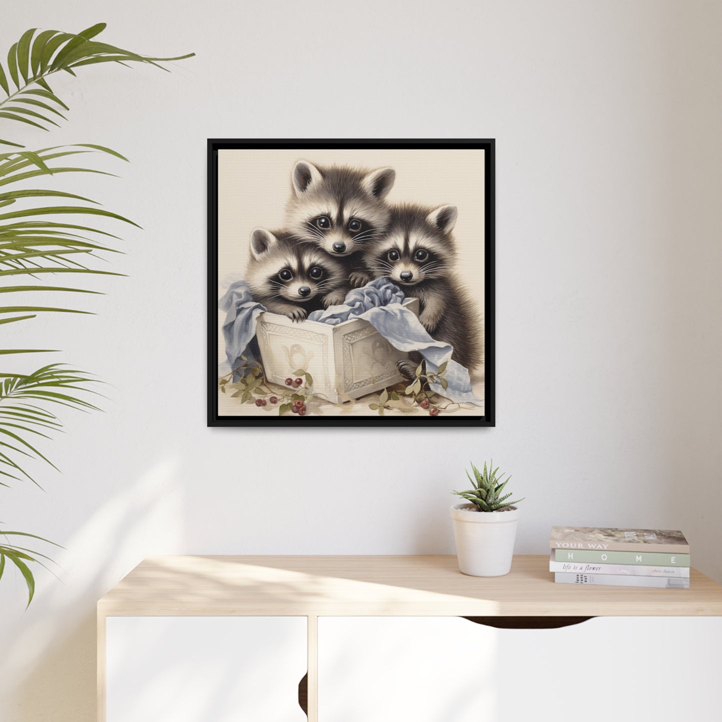 Raccoon Family with Blue Blanket Framed Wall Canvas