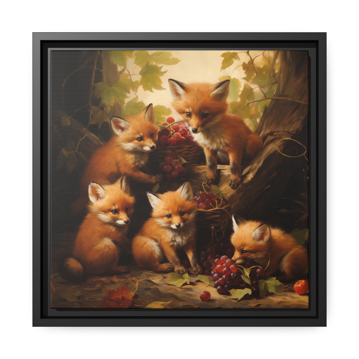 Fox Family with Red Grapes Framed Wall Canvas