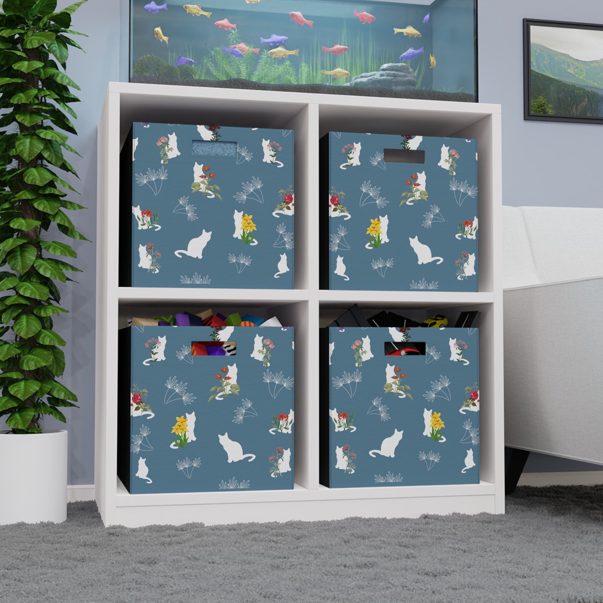 Cat and Flowers/Leafy Whimsy Storage Cube – Light Blue