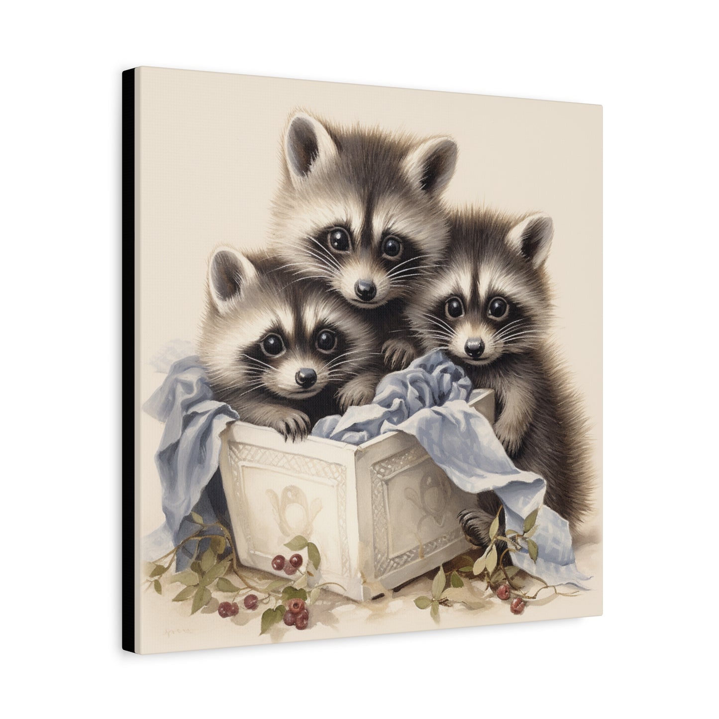 Raccoon Family with Blue Blanket Wall Canvas