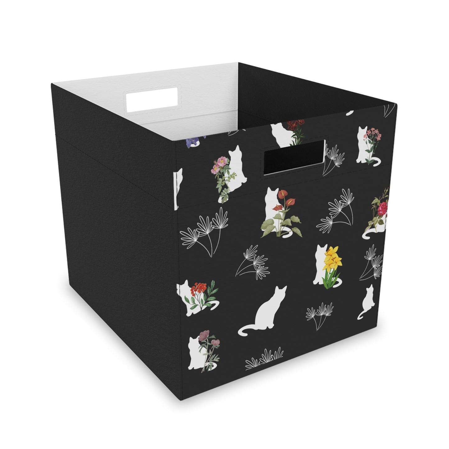 Cat and Flowers/Leafy Whimsy Storage Cube – Black