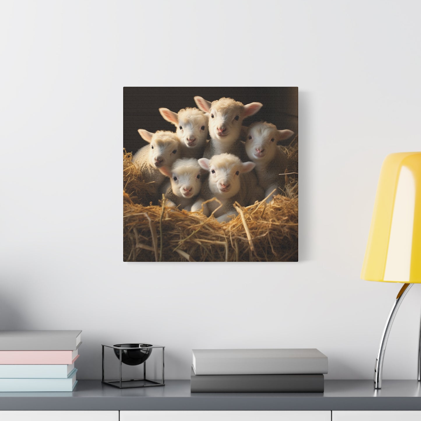 Lamb Family in Straw Wall Canvas