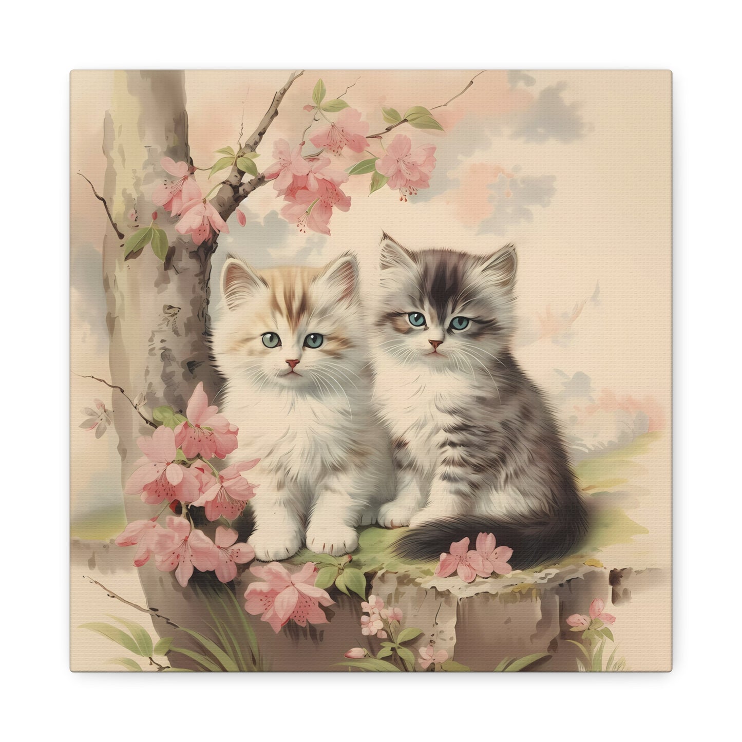 Kittens Under Pink Flowering Tree Wall Canvas