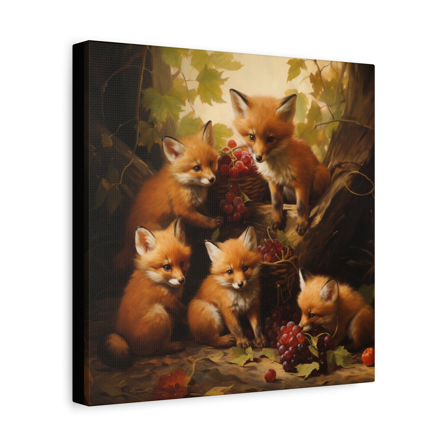 Fox Family with Red Grapes Wall Canvas