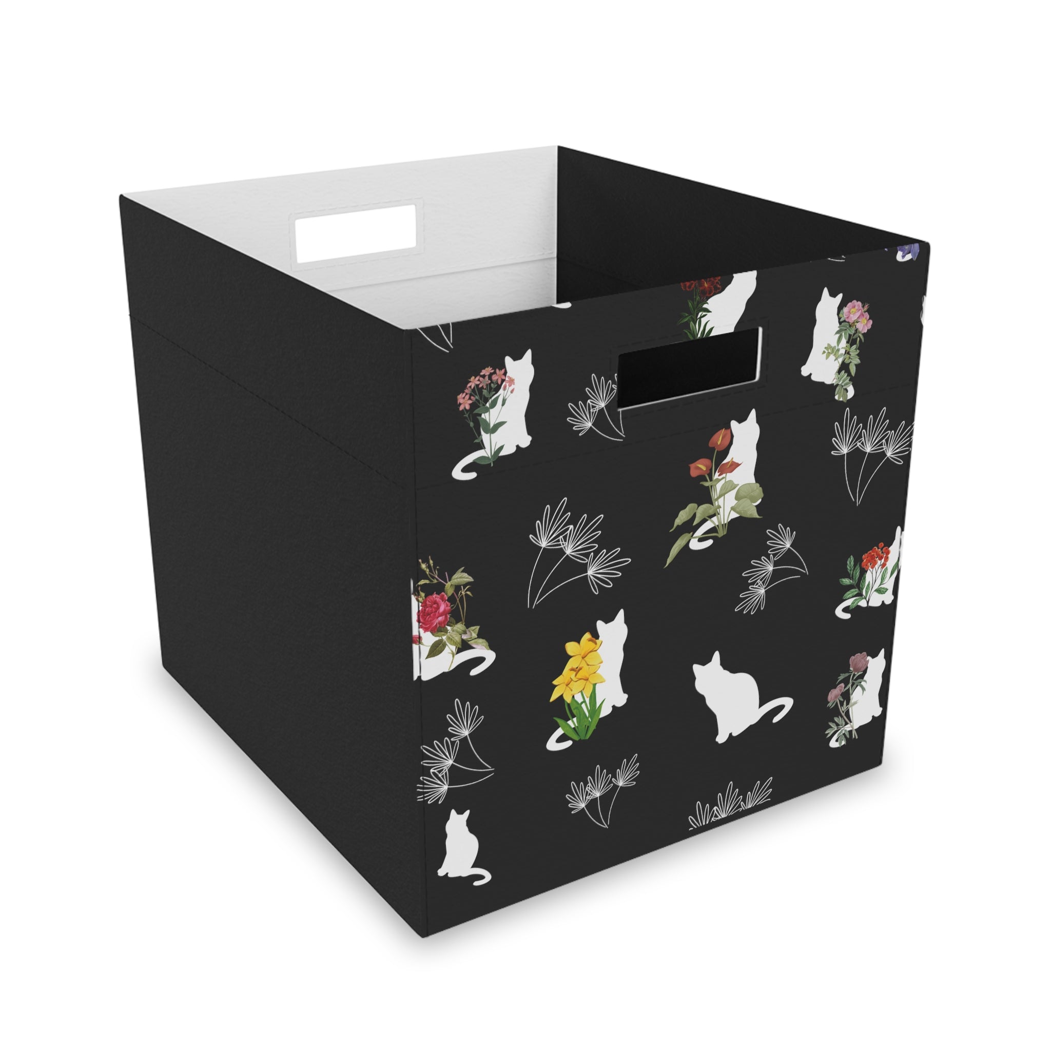 Cat and Flowers/Leafy Whimsy Storage Cube – Black