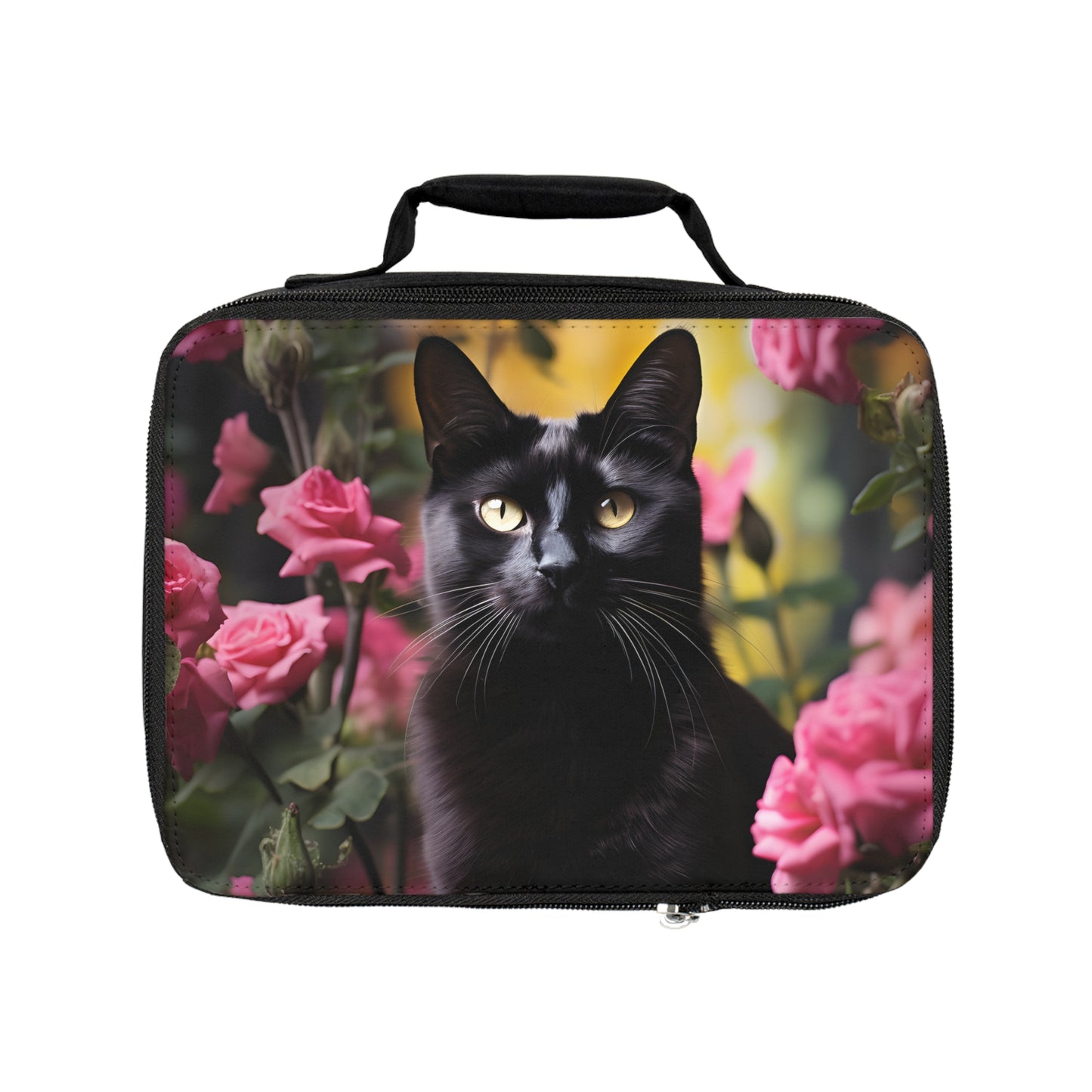 Black Cat in Pink Roses Lunch Bag