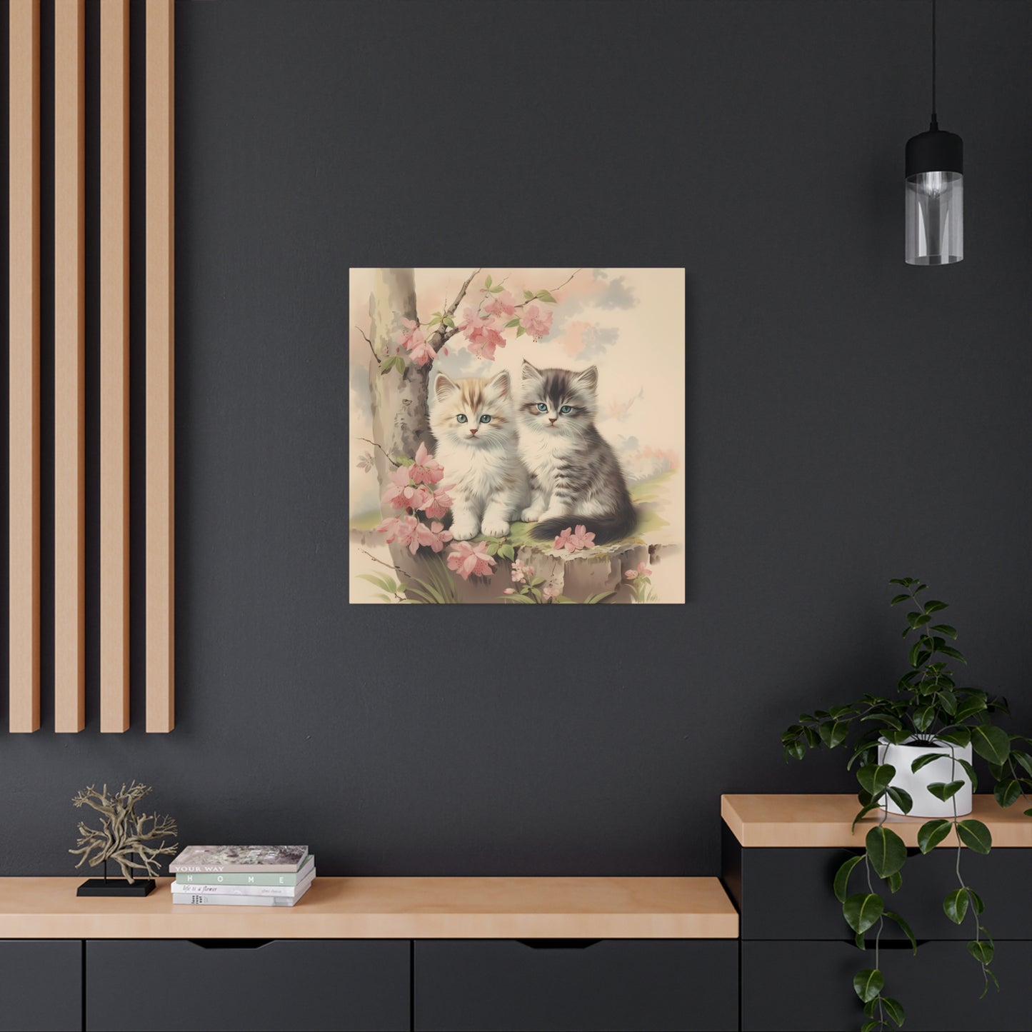 Kittens Under Pink Flowering Tree Wall Canvas