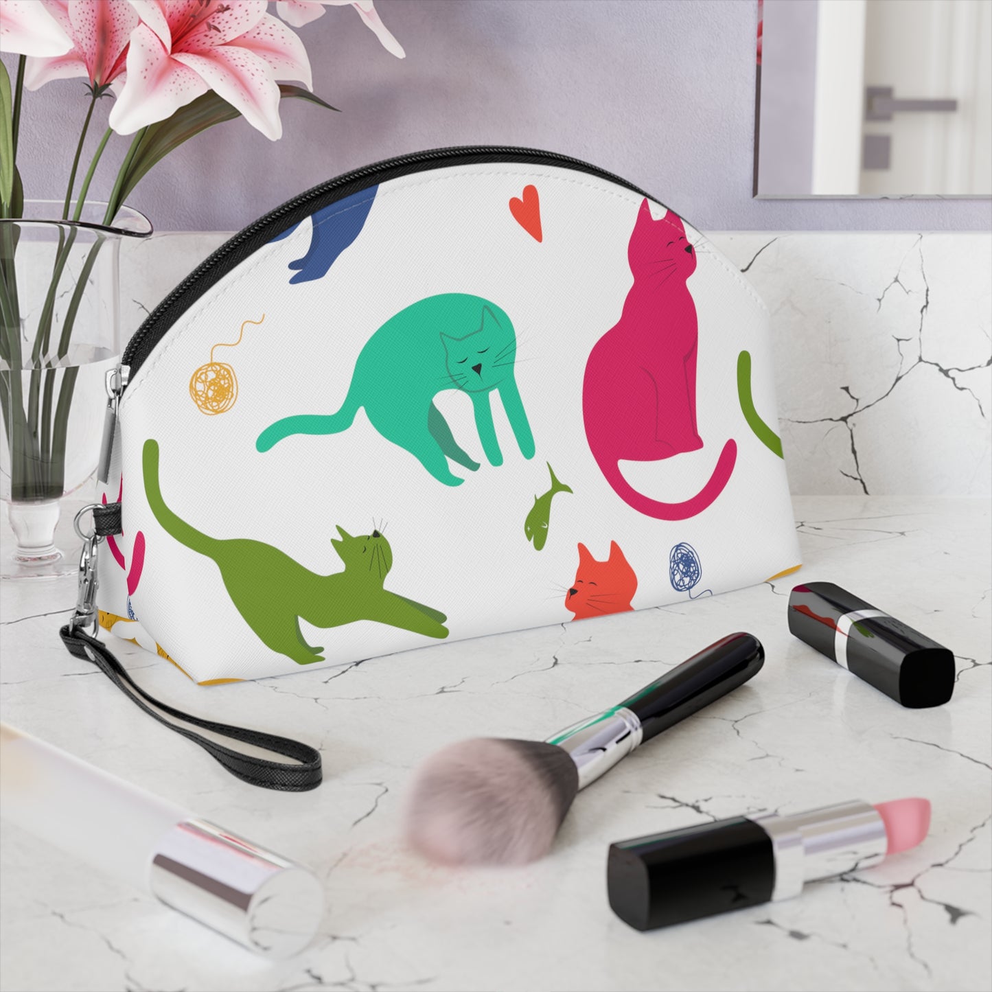 Vibrantly Colored Cats Makeup Bag – White