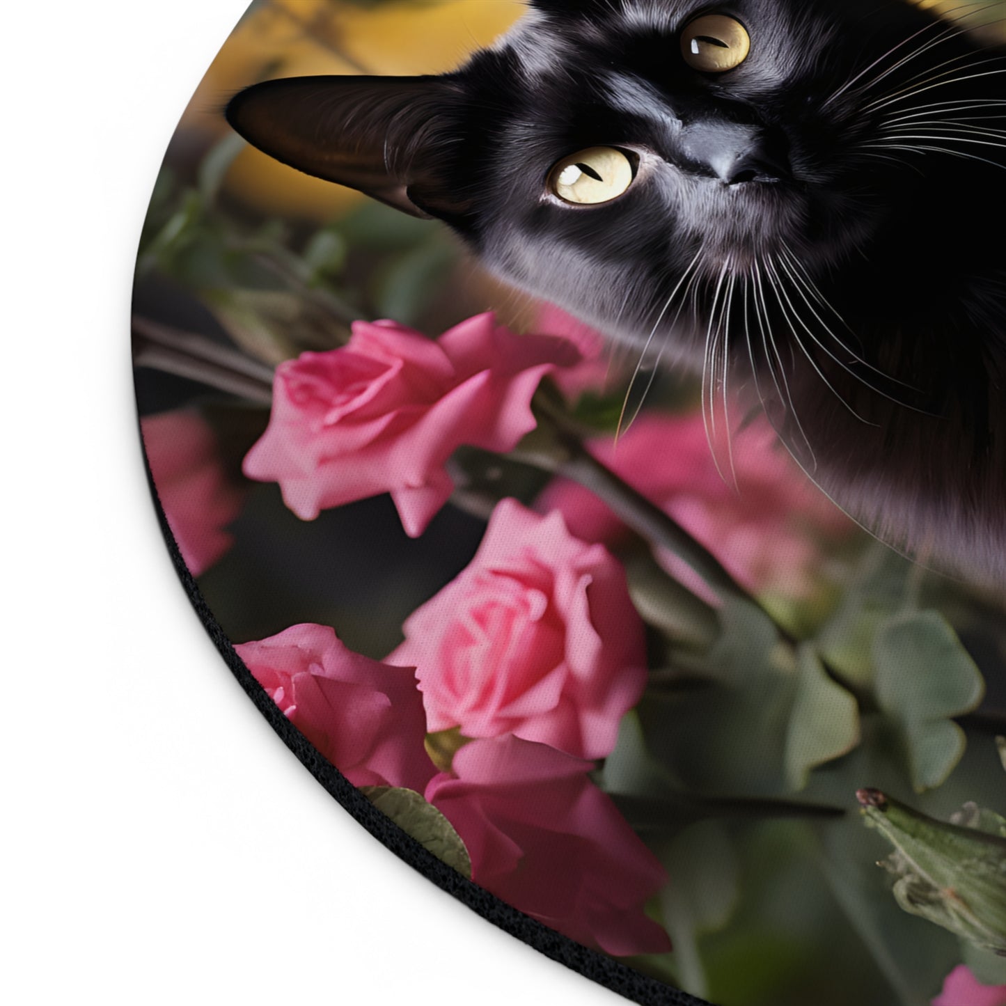 Black Cat in Pink Roses Mouse Pad – Round 8”