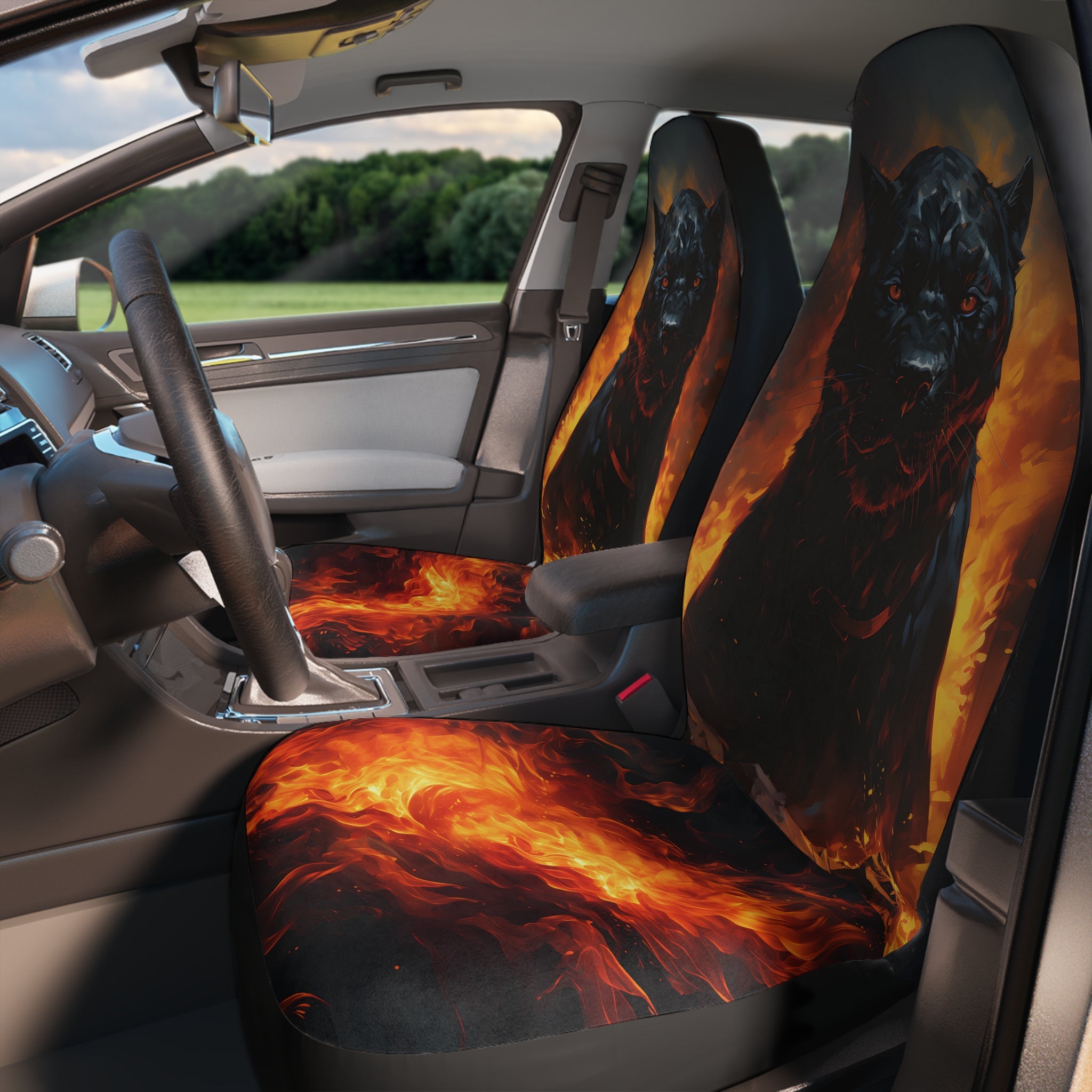 Black Jaguar and Flames Car Seat Cover