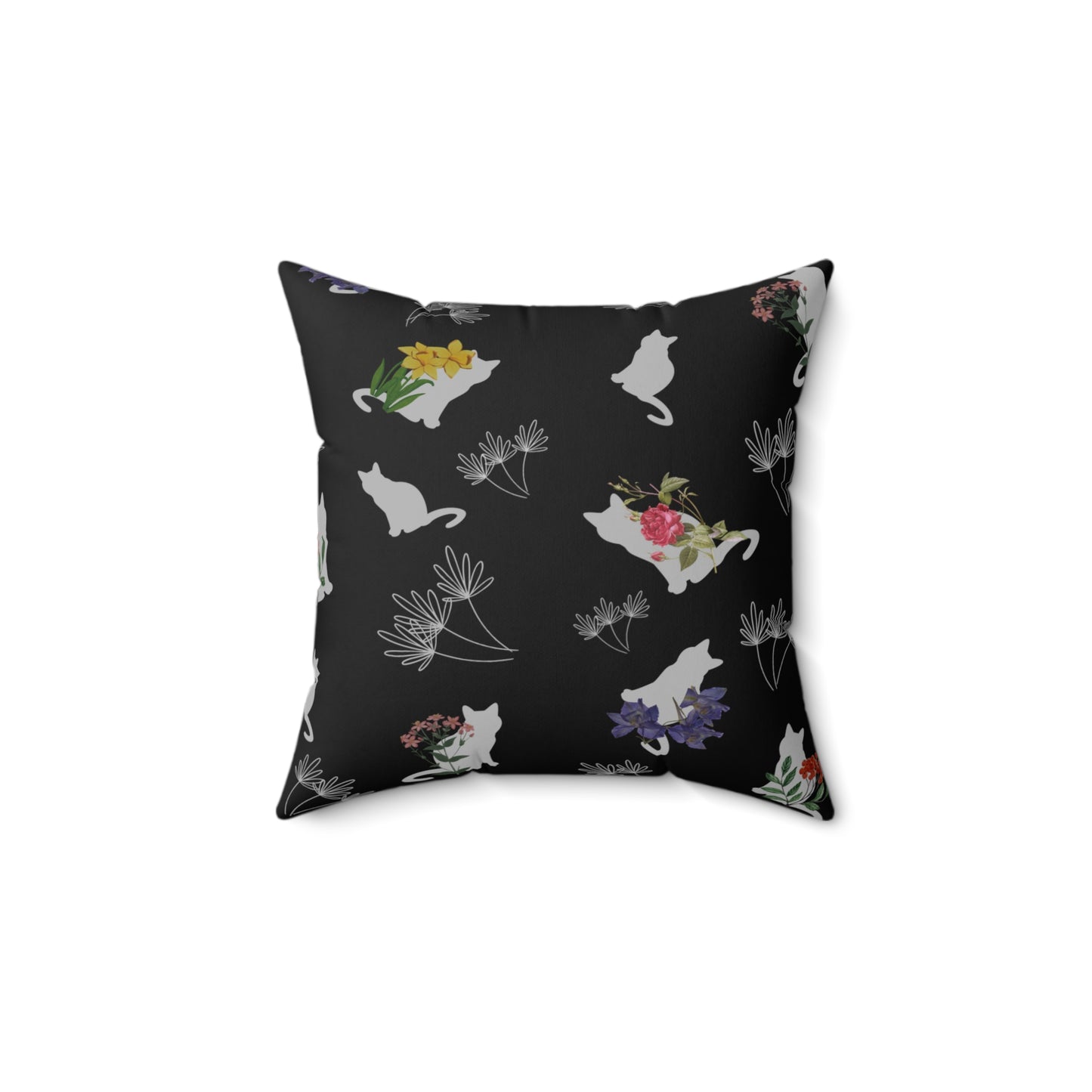 Cat and Flowers/Leafy Whimsy Throw Pillow – Black