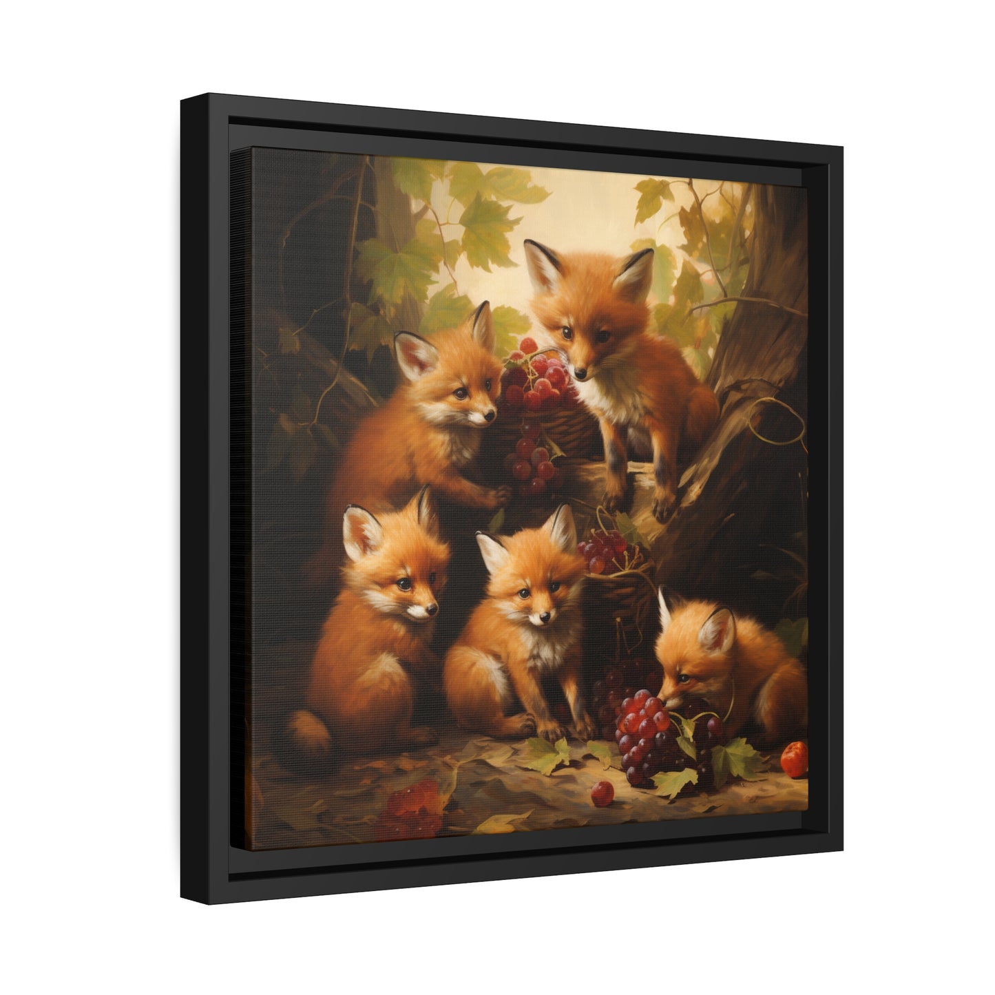 Fox Family with Red Grapes Framed Wall Canvas