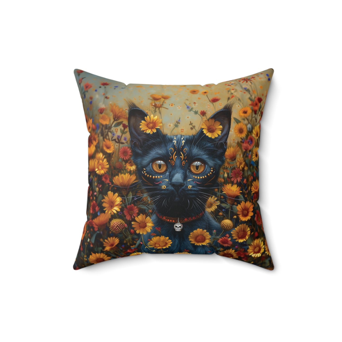 Cat in Yellow Daisies - Day of the Dead - Throw Pillow