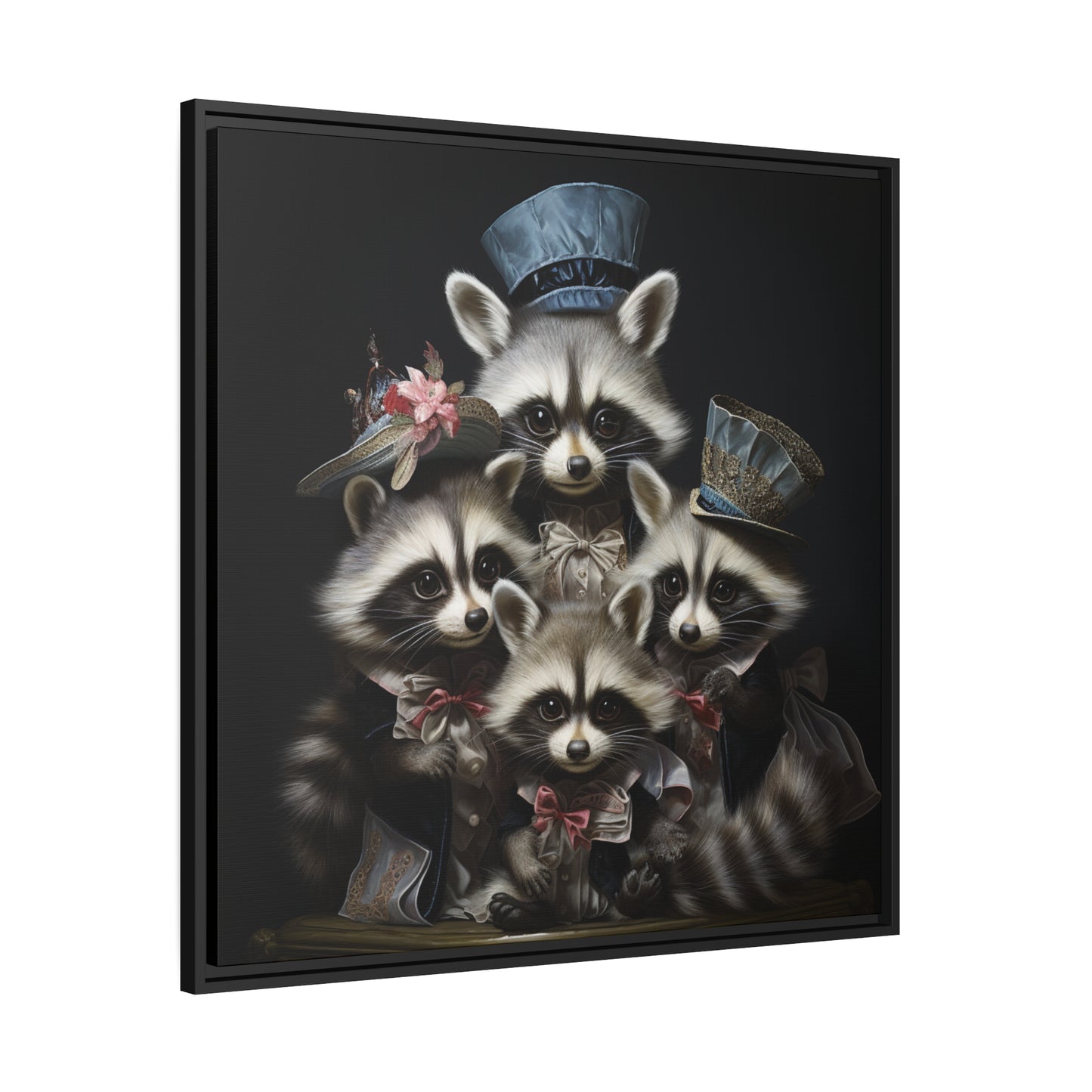 Raccoon Family in Blue Hats Framed Wall Canvas