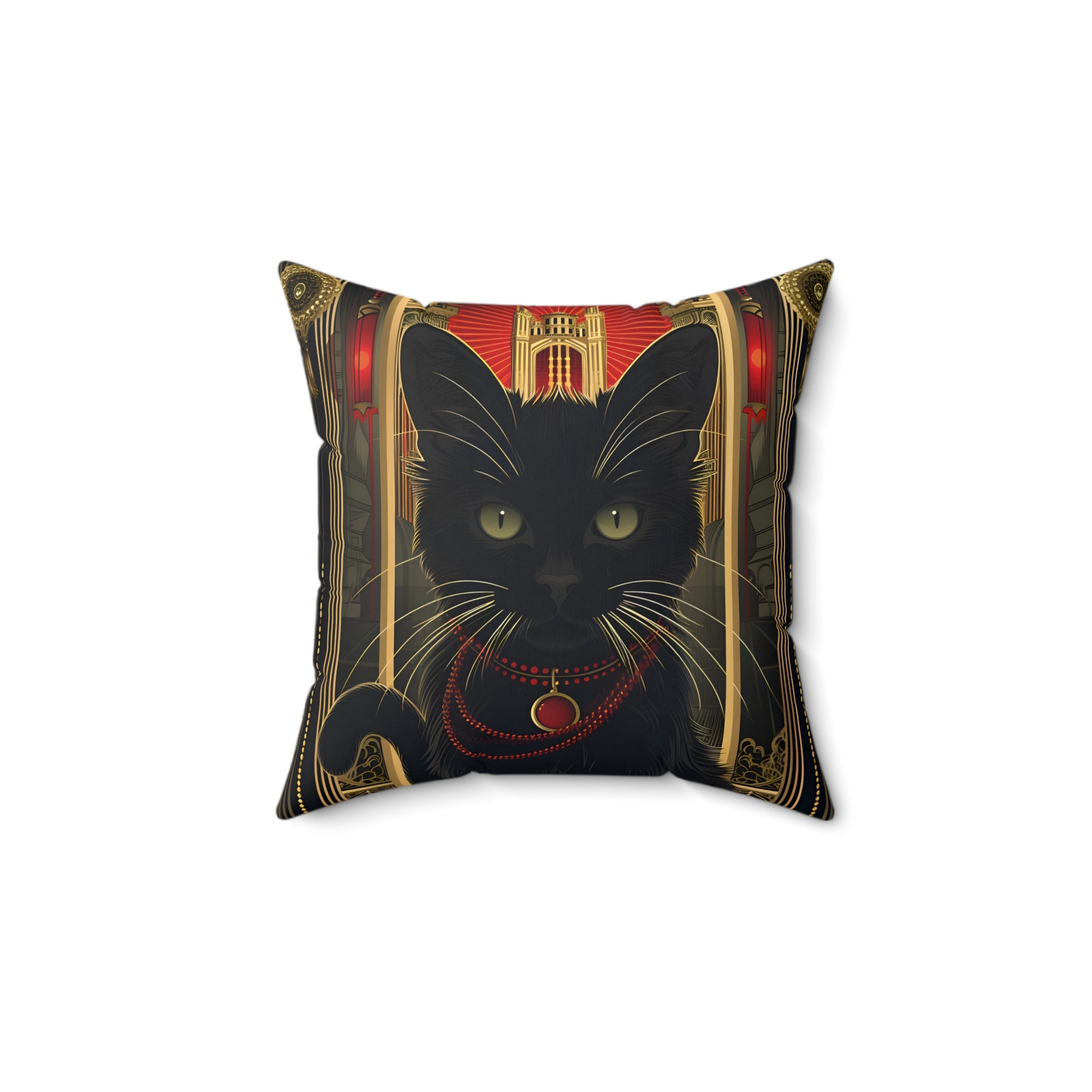 Black Cat and Red Art Deco - Throw Pillow