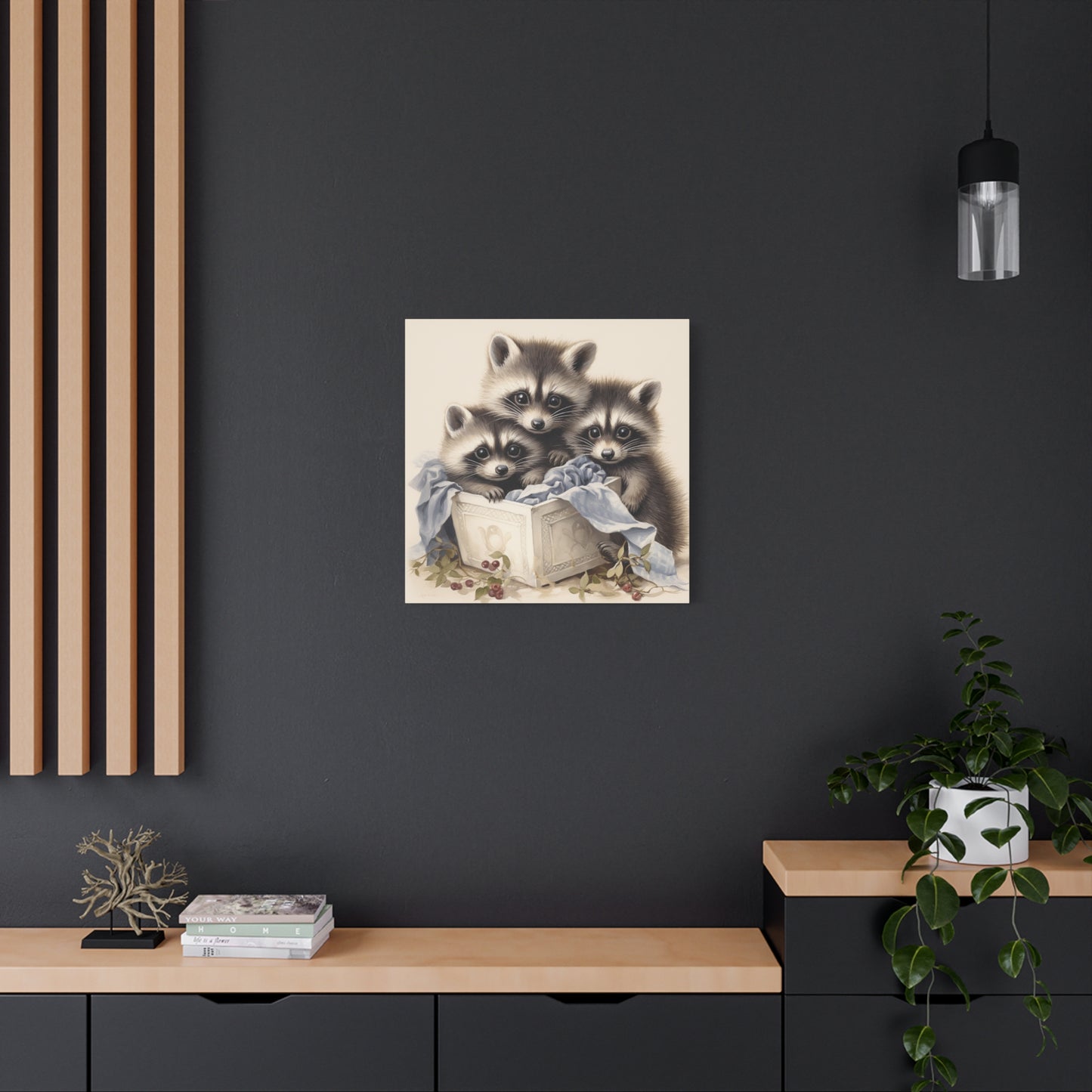 Raccoon Family with Blue Blanket Wall Canvas