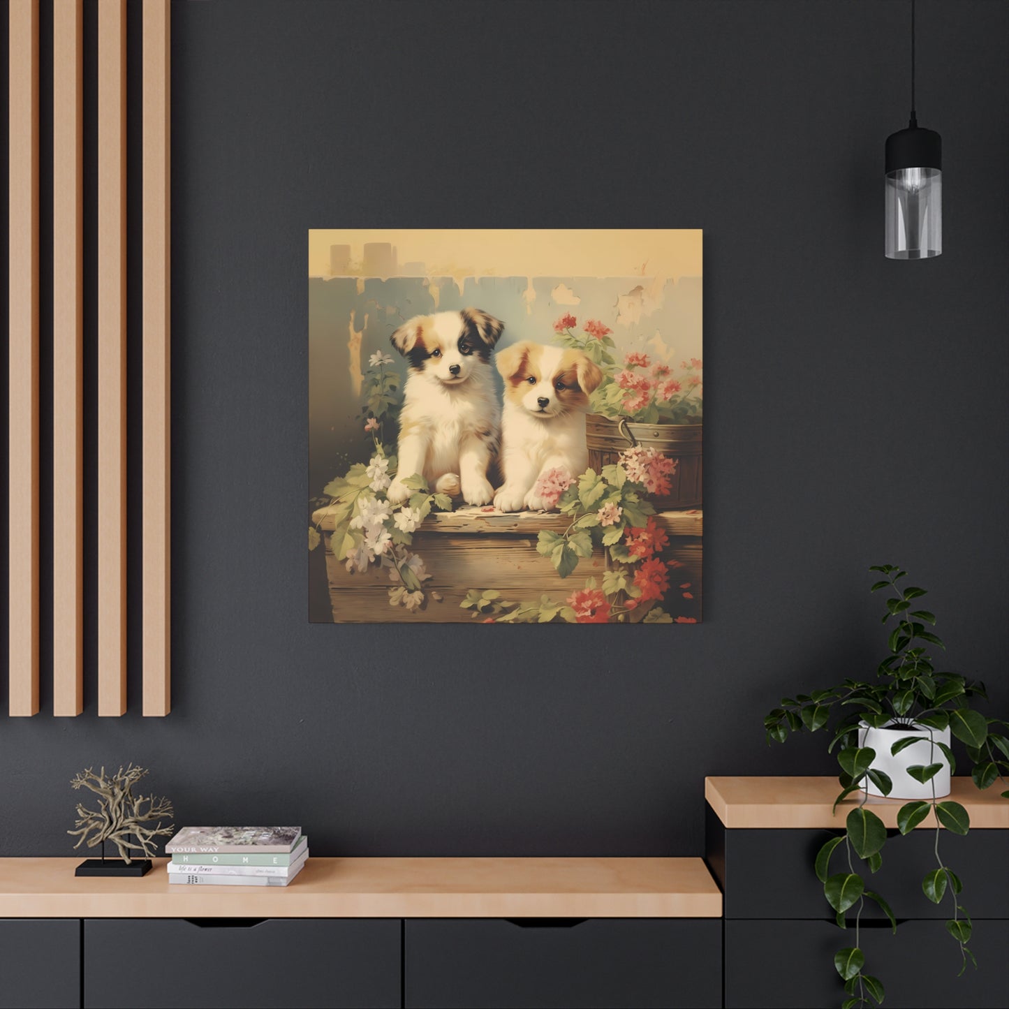 Puppies on Potting Table Wall Canvas